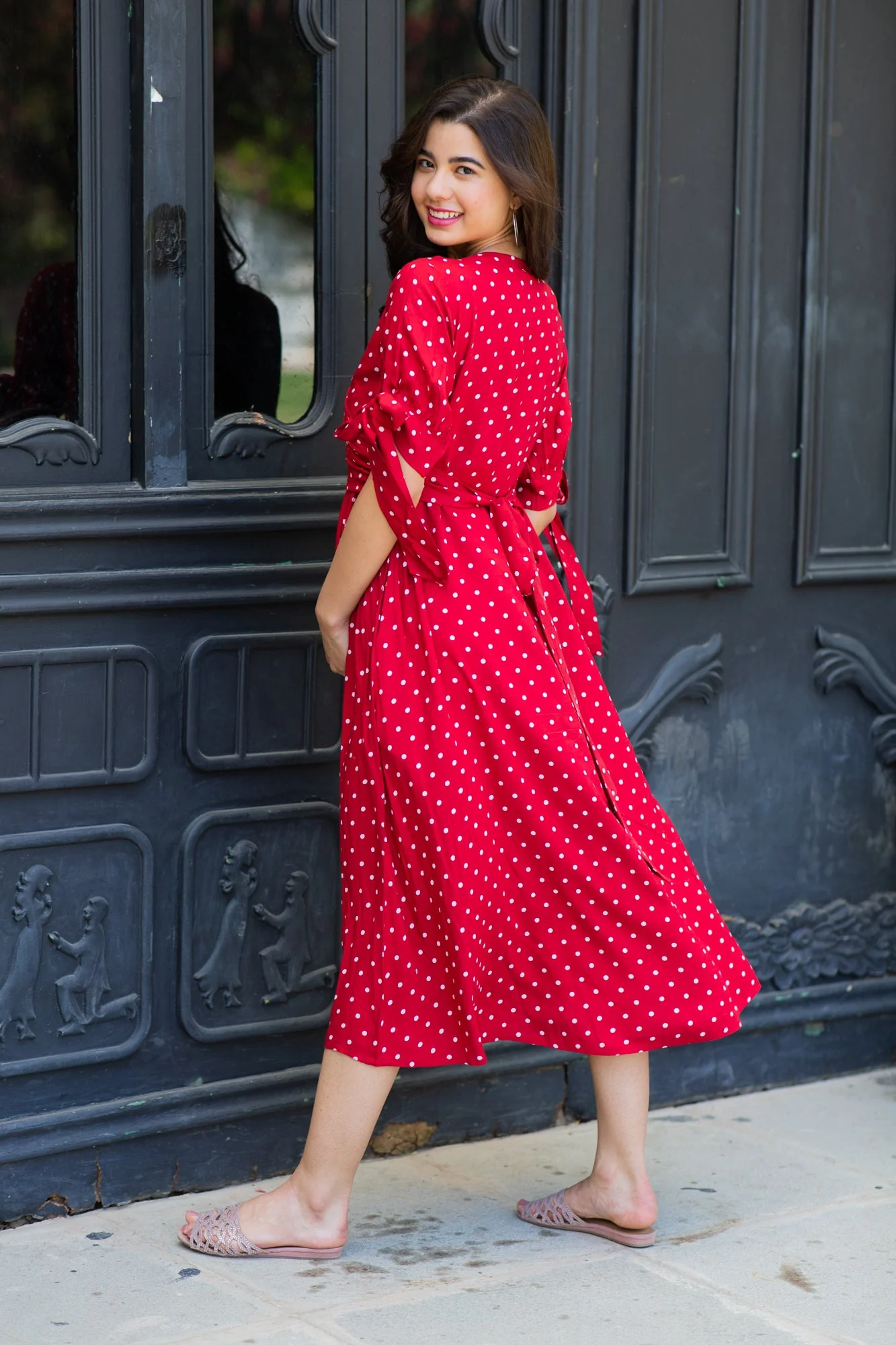 Paradise Cherry Dotted Maternity & Nursing Midi Wrap Dress - Chenance