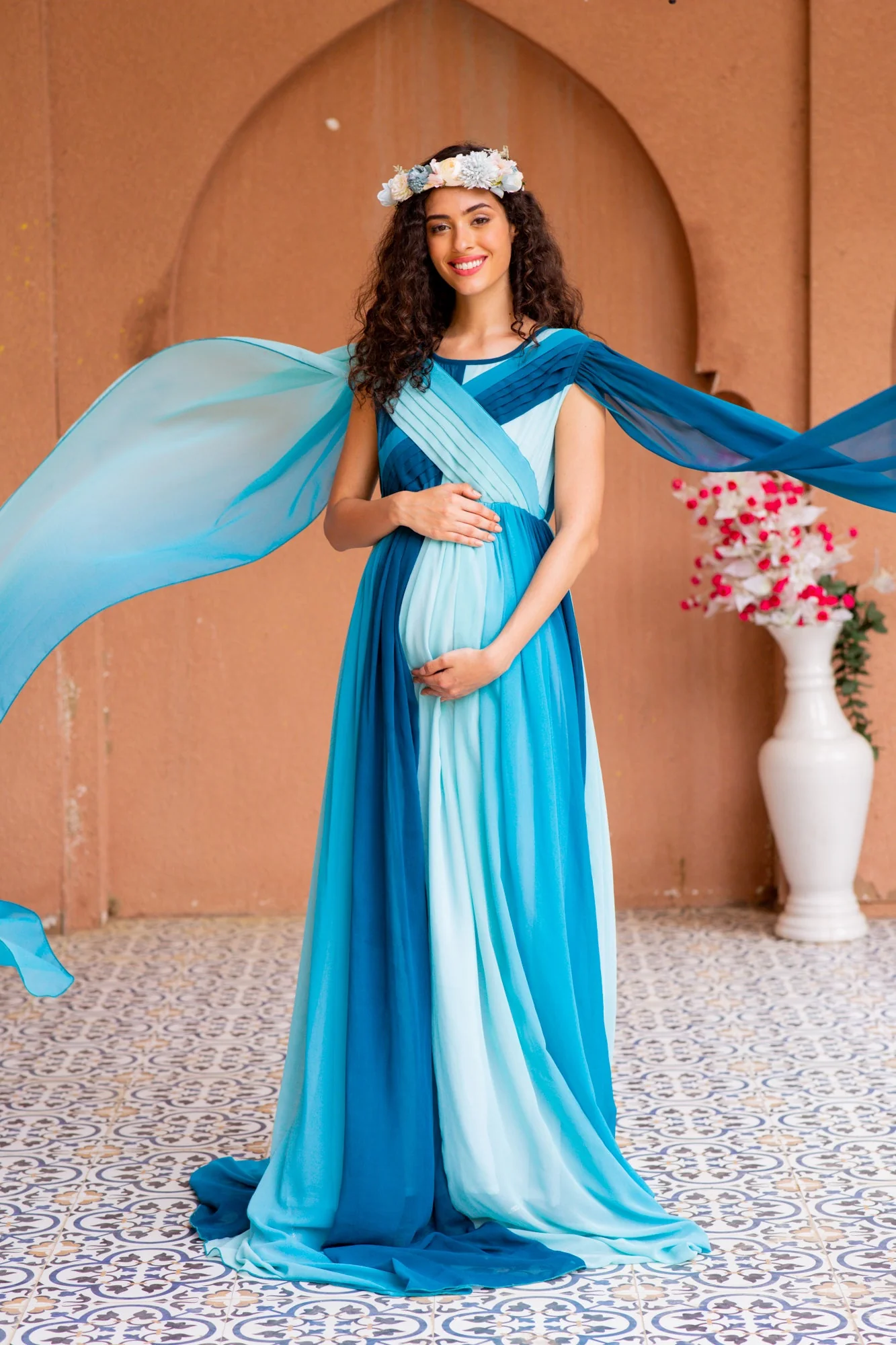 Victoria Blue Monochromatic Maternity Trail Photoshoot Gown - Chenance