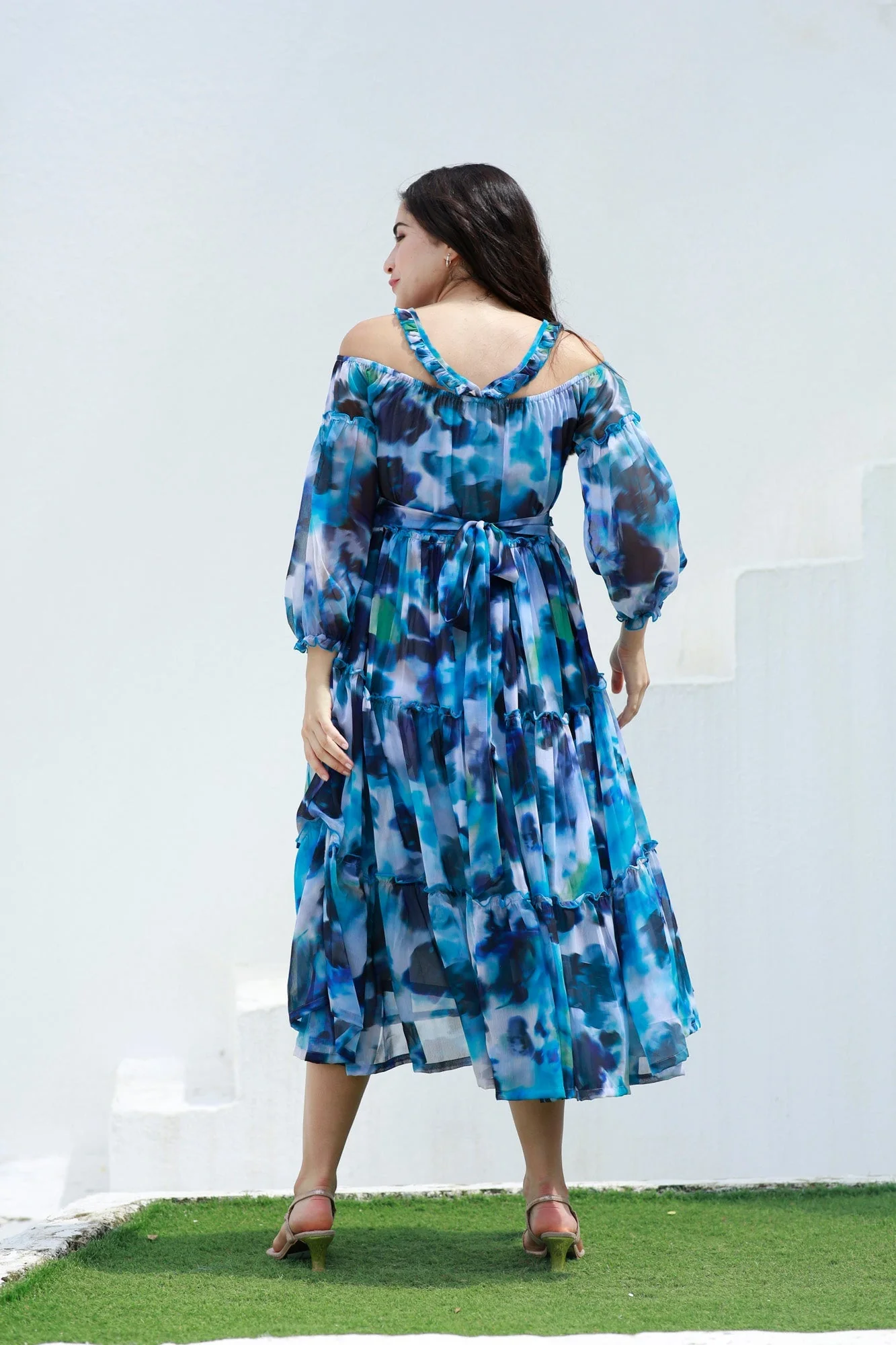 Paradise Blue Waves Halter Maternity & Nursing Frill Dress - Chenance