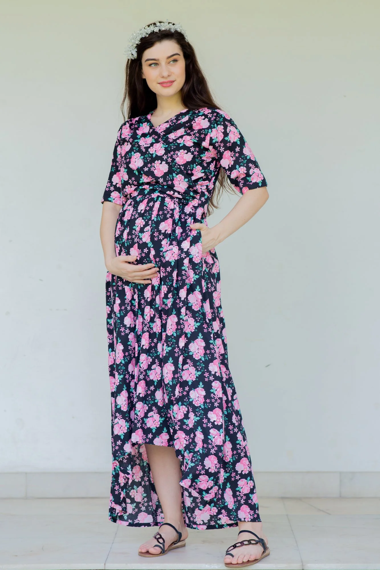 Midnight Breeze Maternity & Nursing Hi-Low Wrap Dress - Chenance
