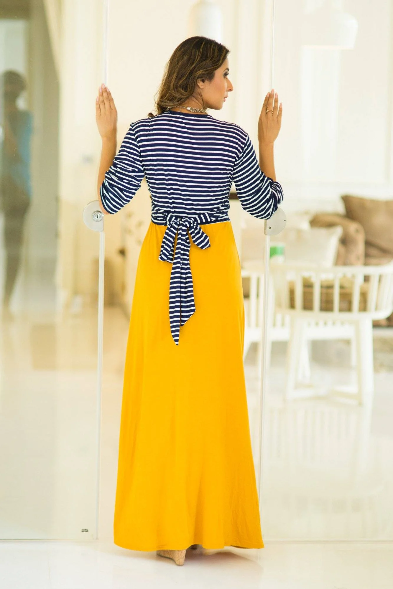 Nautical Mustard Orange Maternity & Nursing Wrap Dress - Chenance