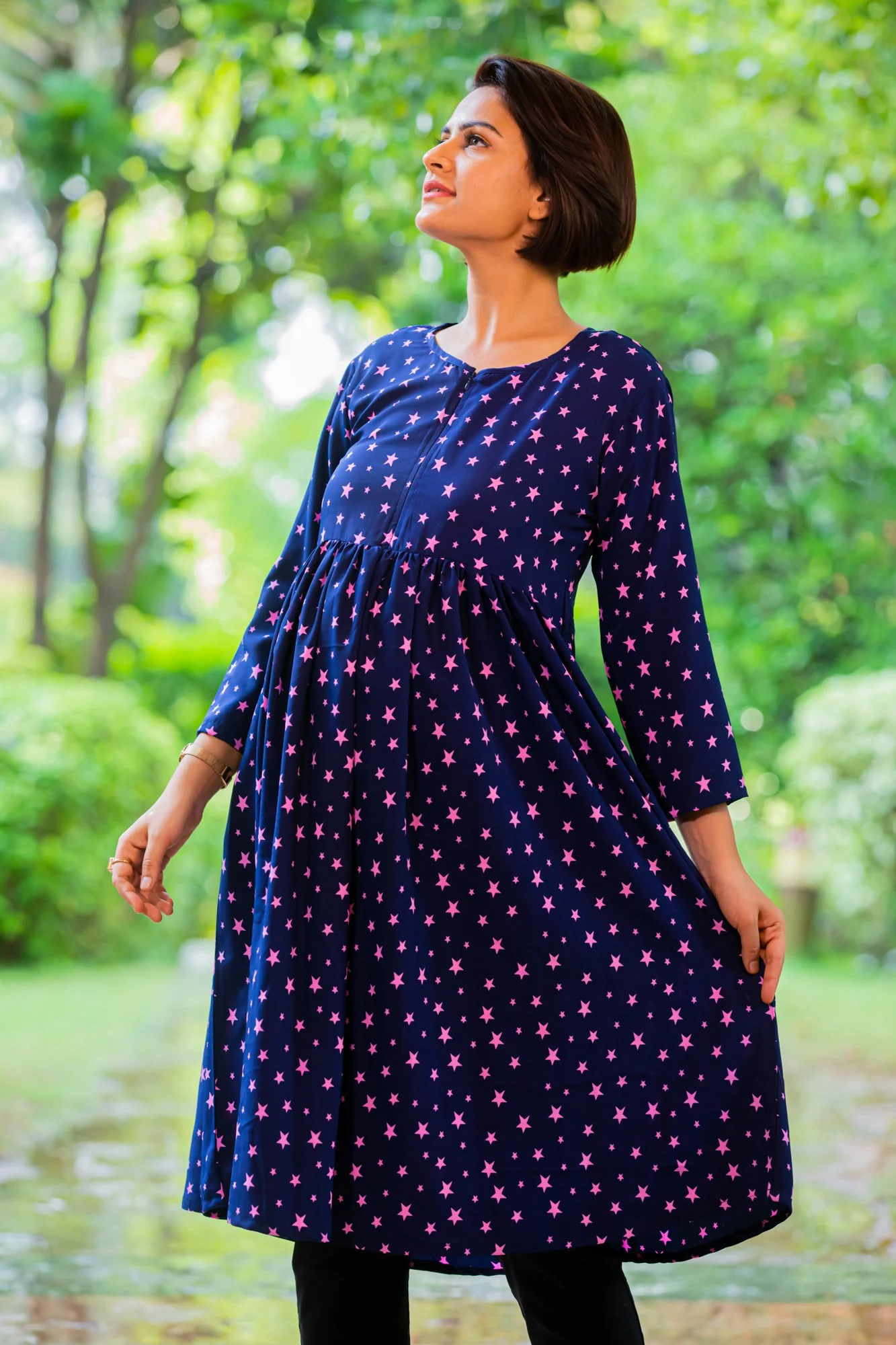Starry Blue Maternity & Nursing Crepe Swing Dress - Chenance