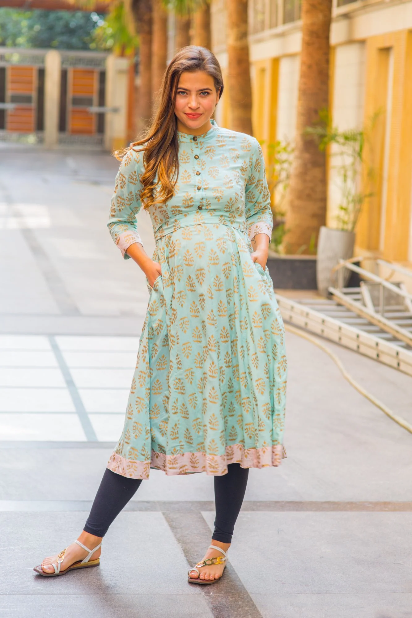 Mint Blue Gold Block Print Silk Maternity & Nursing Kurta - Chenance