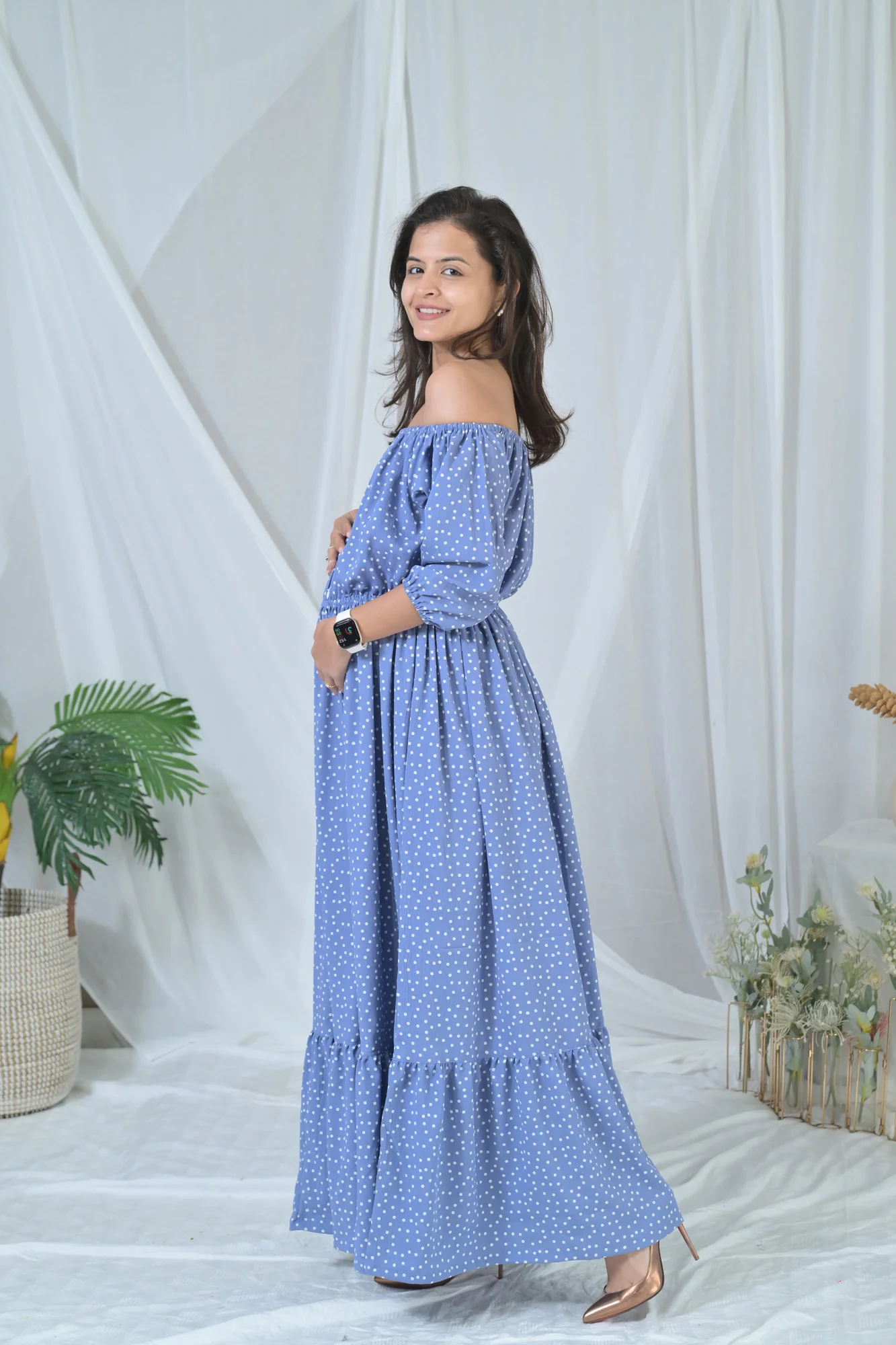 Sea Blue Polka Off-Shoulder Maternity & Nursing Maxi Dress - Chenance