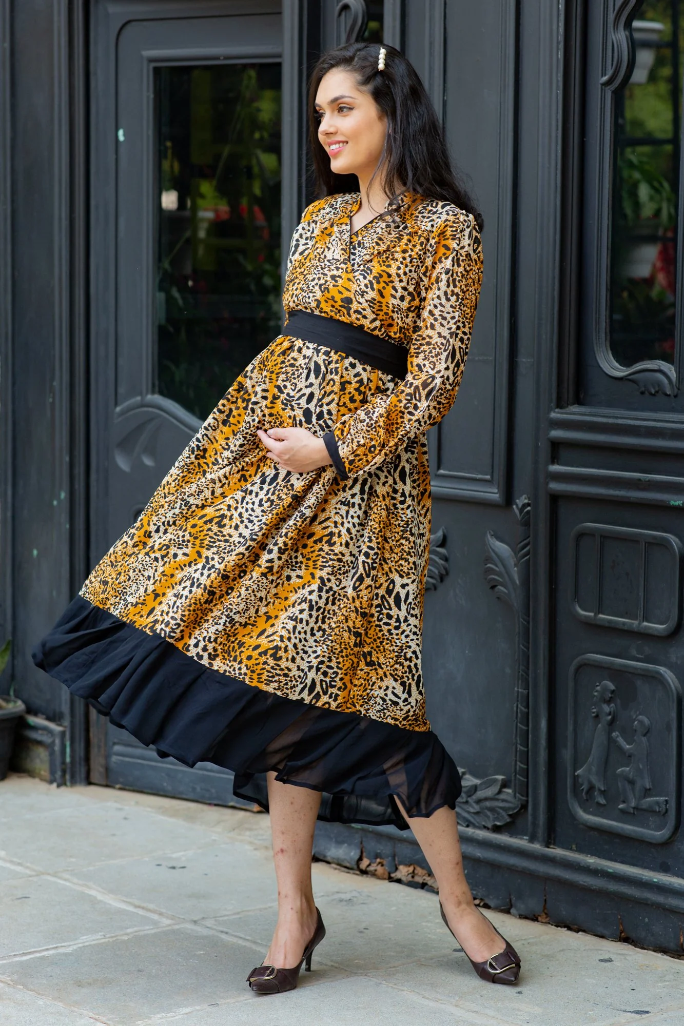 Premium Tropical Brown Maternity & Nursing Midi Wrap Dress - Chenance