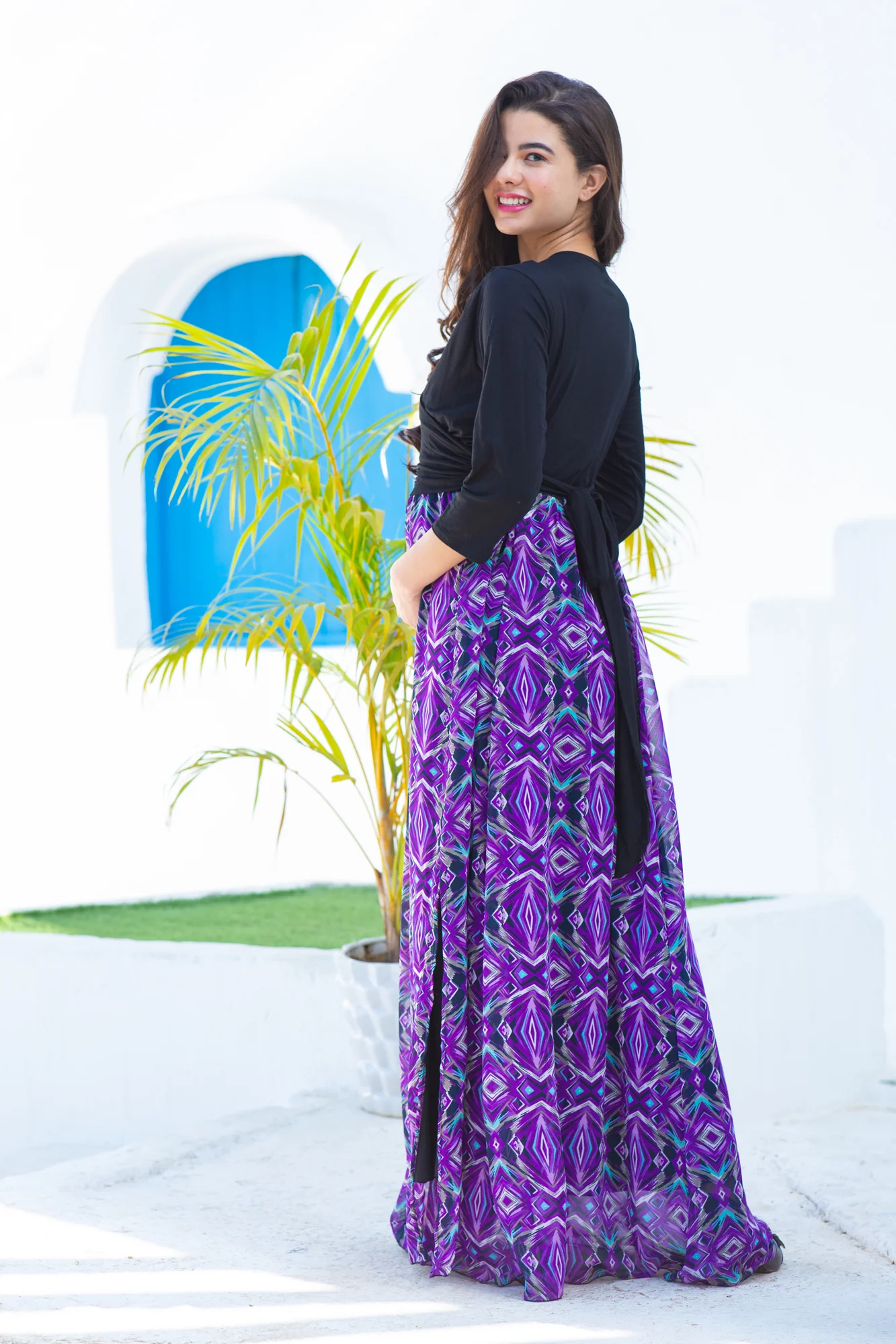 Violet Patterned Luxe Chiffon Maternity & Nursing Wrap Dress - Chenance