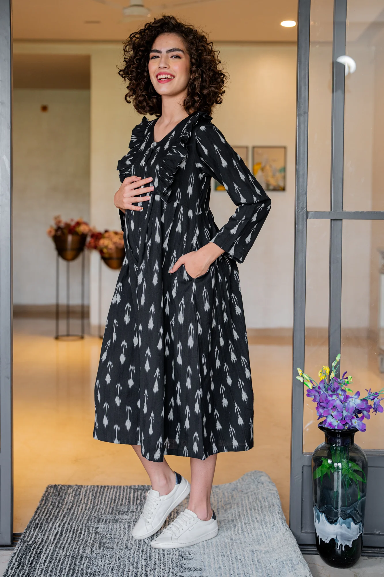 Pleasing Black Ikat Blue Maternity & Nursing Dress (100% Cotton) - Chenance