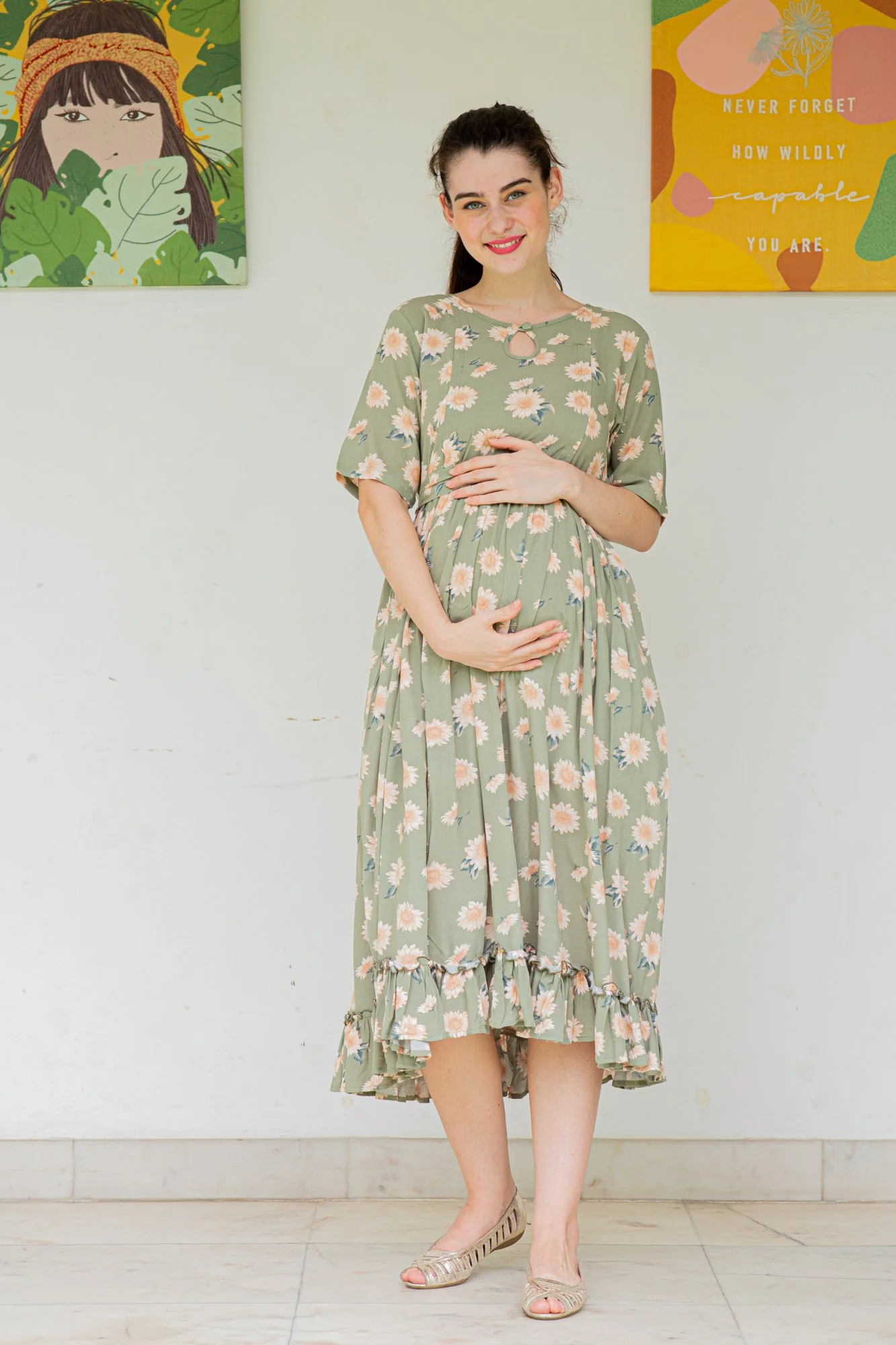 Sage Frill Crepe Concealed Zips Maternity & Nursing Dress - Chenance