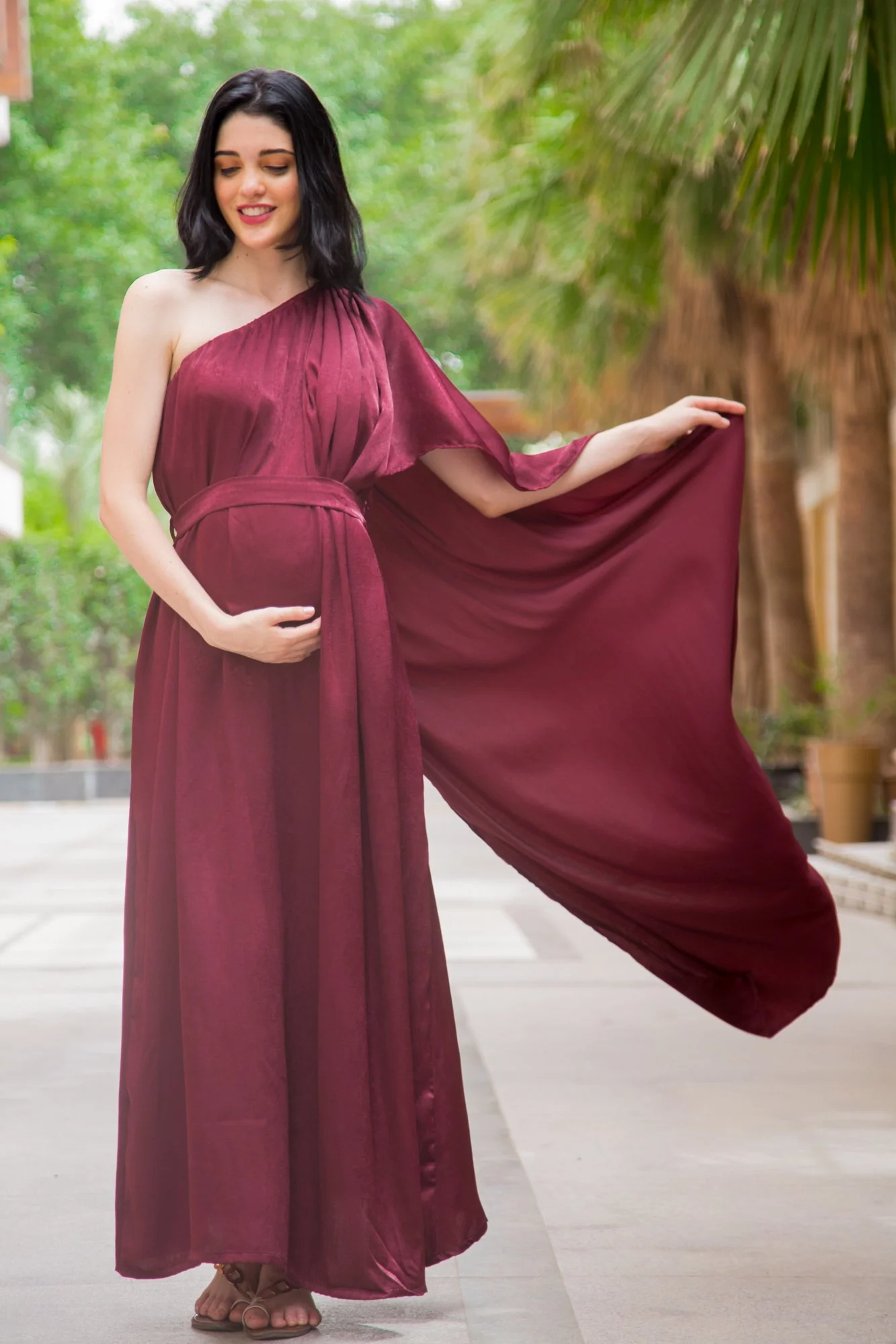 Luxe Red Berry One Shoulder Floral Maternity Gown - Chenance