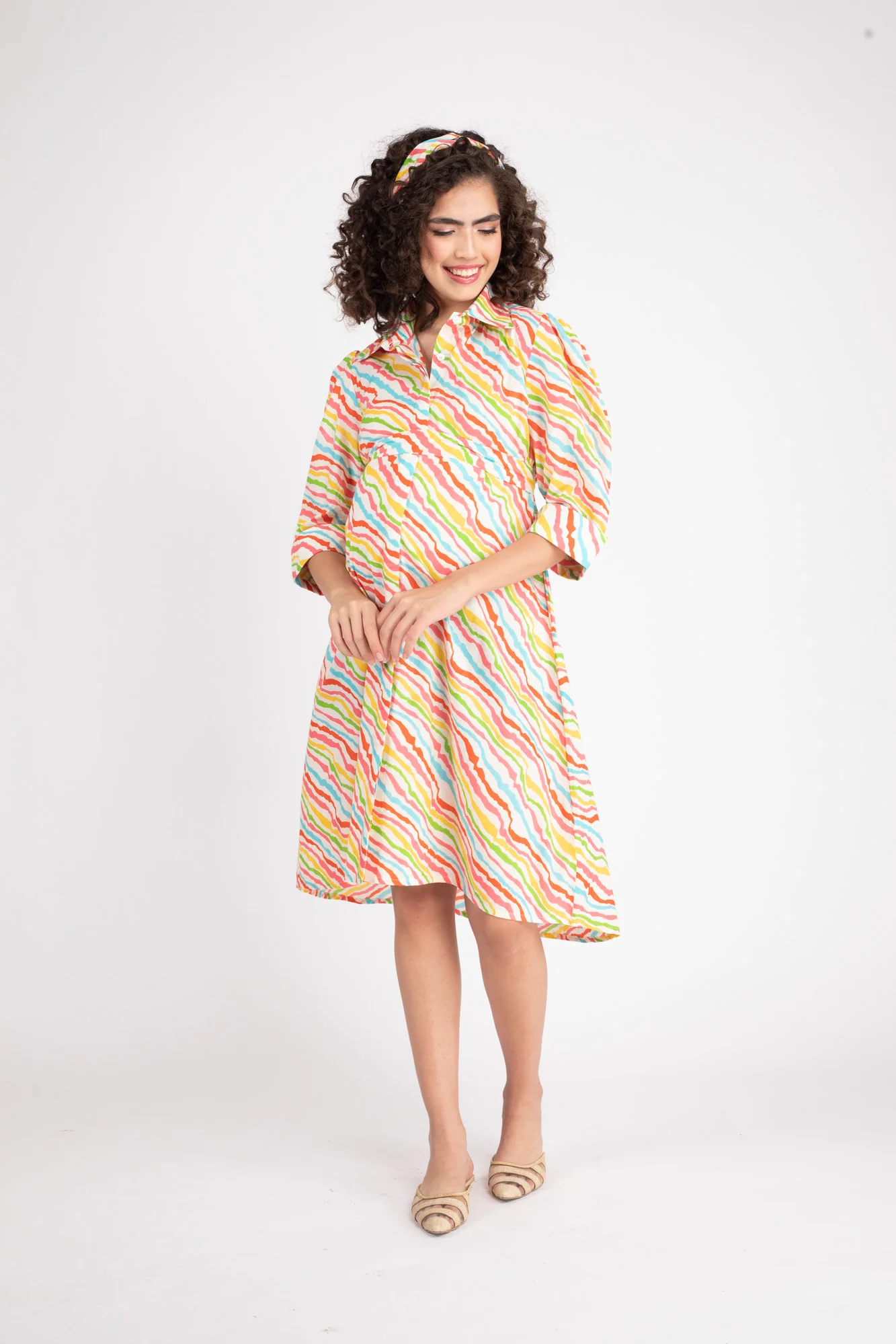 Rainbow Striped Maternity & Nursing Knee Shirt Dress (100% Cotton) - Chenance