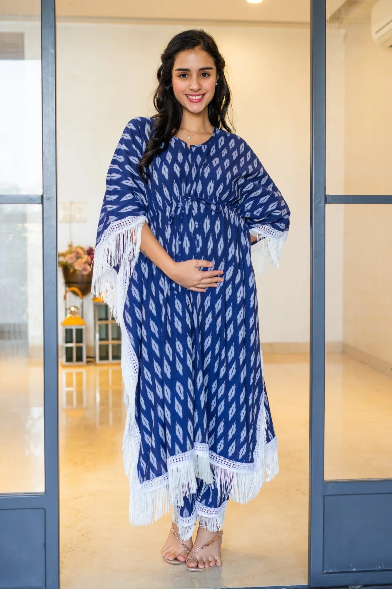 Luxe Indigo Blue Ikat Maternity & Nursing Kaftan Coord Set (100% Cotton) (2 Pc) - Chenance