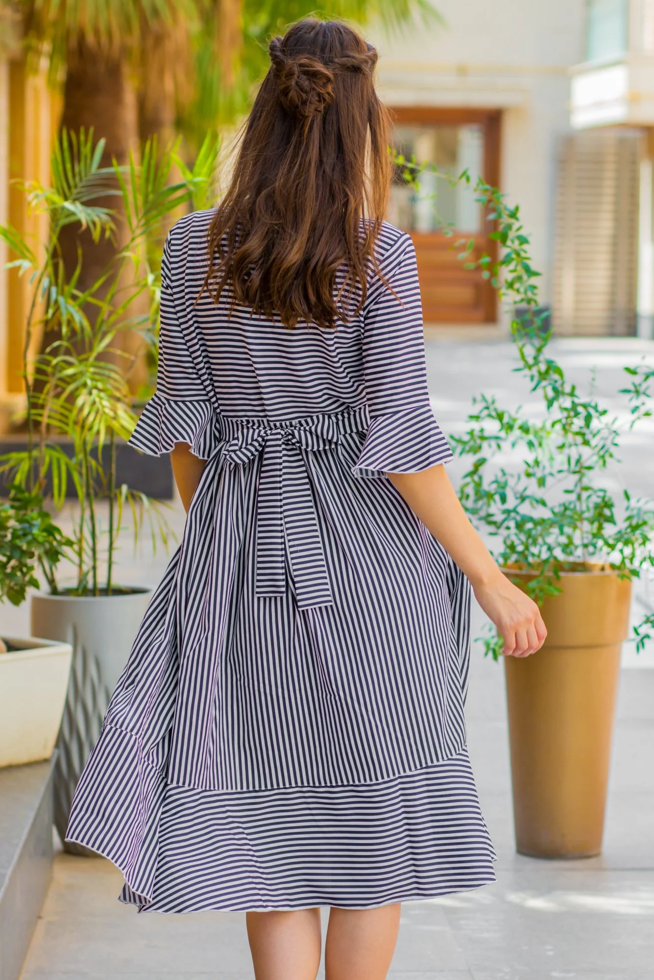 Navy Blue Striped Maternity & Nursing Dress - Chenance