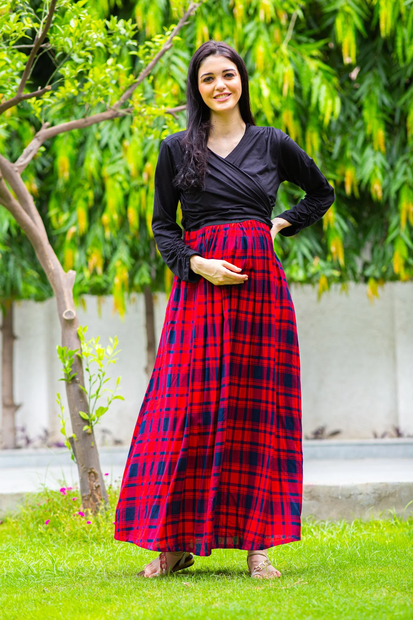 Elegant Red Check Maternity & Nursing Wrap Dress - Chenance