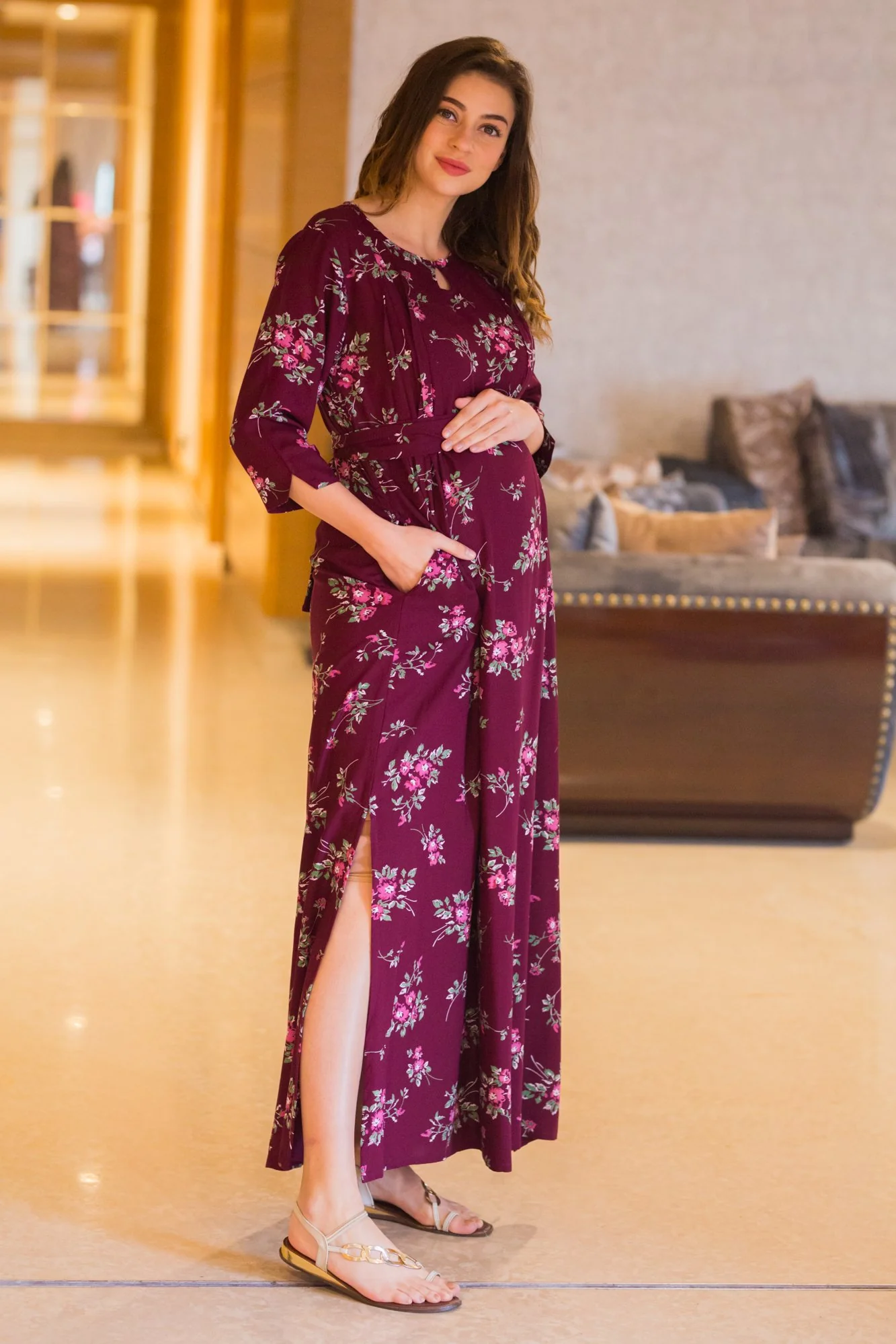 Wine Floral Side Slits Concealed Zips Feeding Dress - Chenance