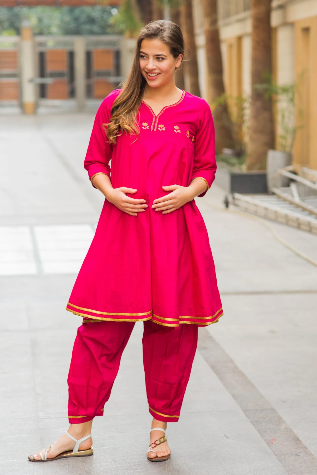 Premium Fuchsia Maternity & Nursing Kurta With Pleated Salwar (2 pc) - Chenance