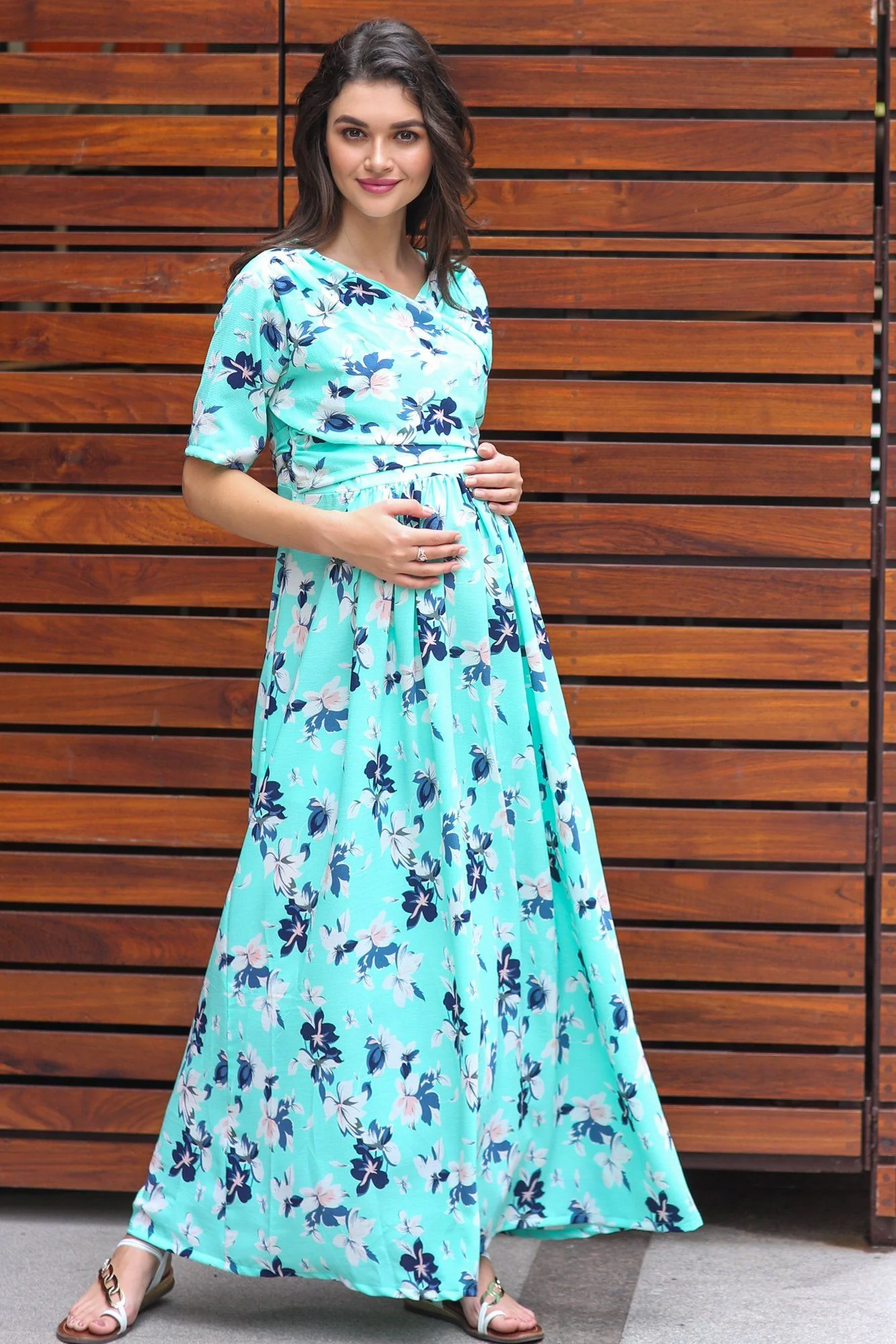 Mint Aquamarine Blossom Maternity & Nursing Wrap Dress - Chenance
