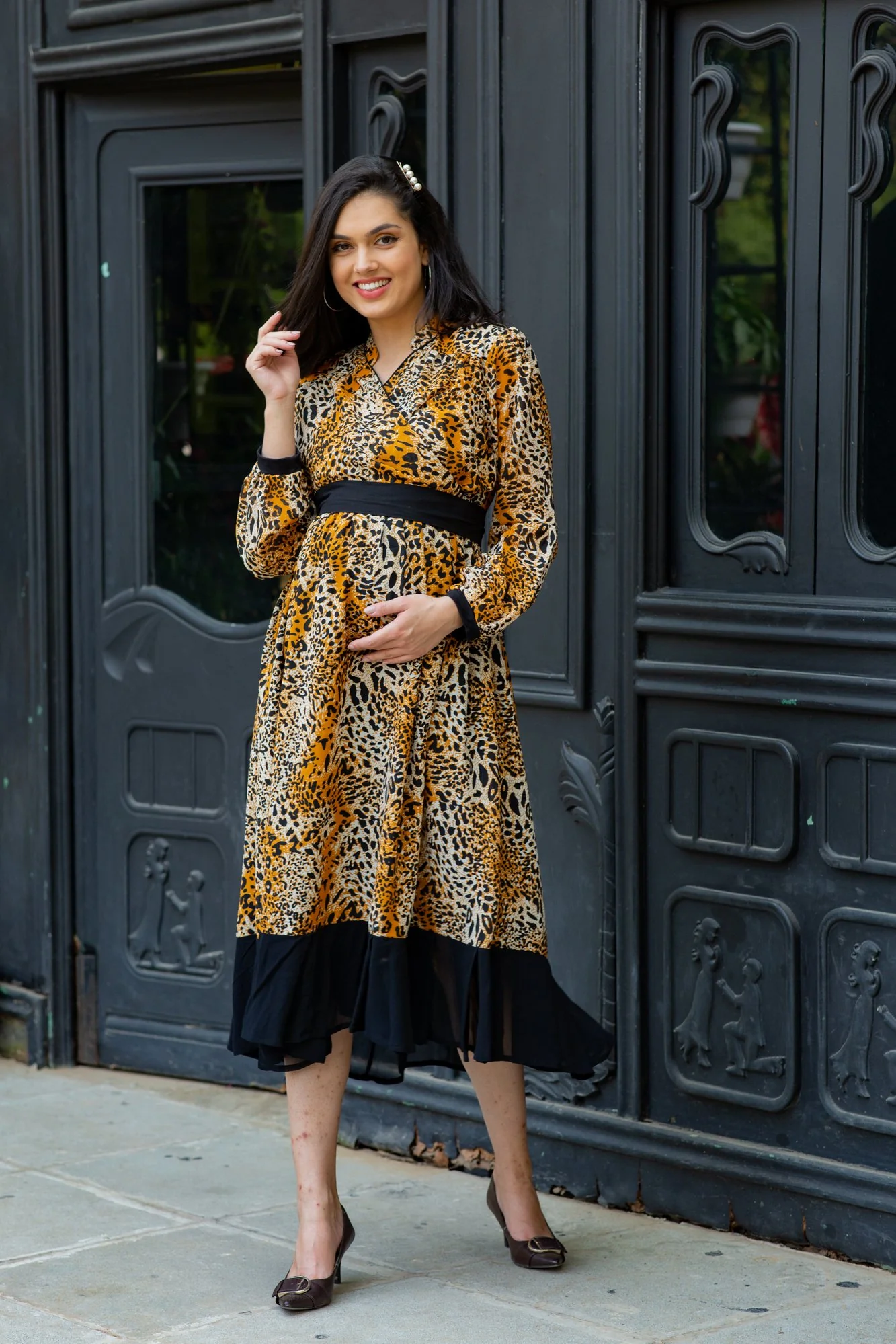 Premium Tropical Brown Maternity & Nursing Midi Wrap Dress - Chenance