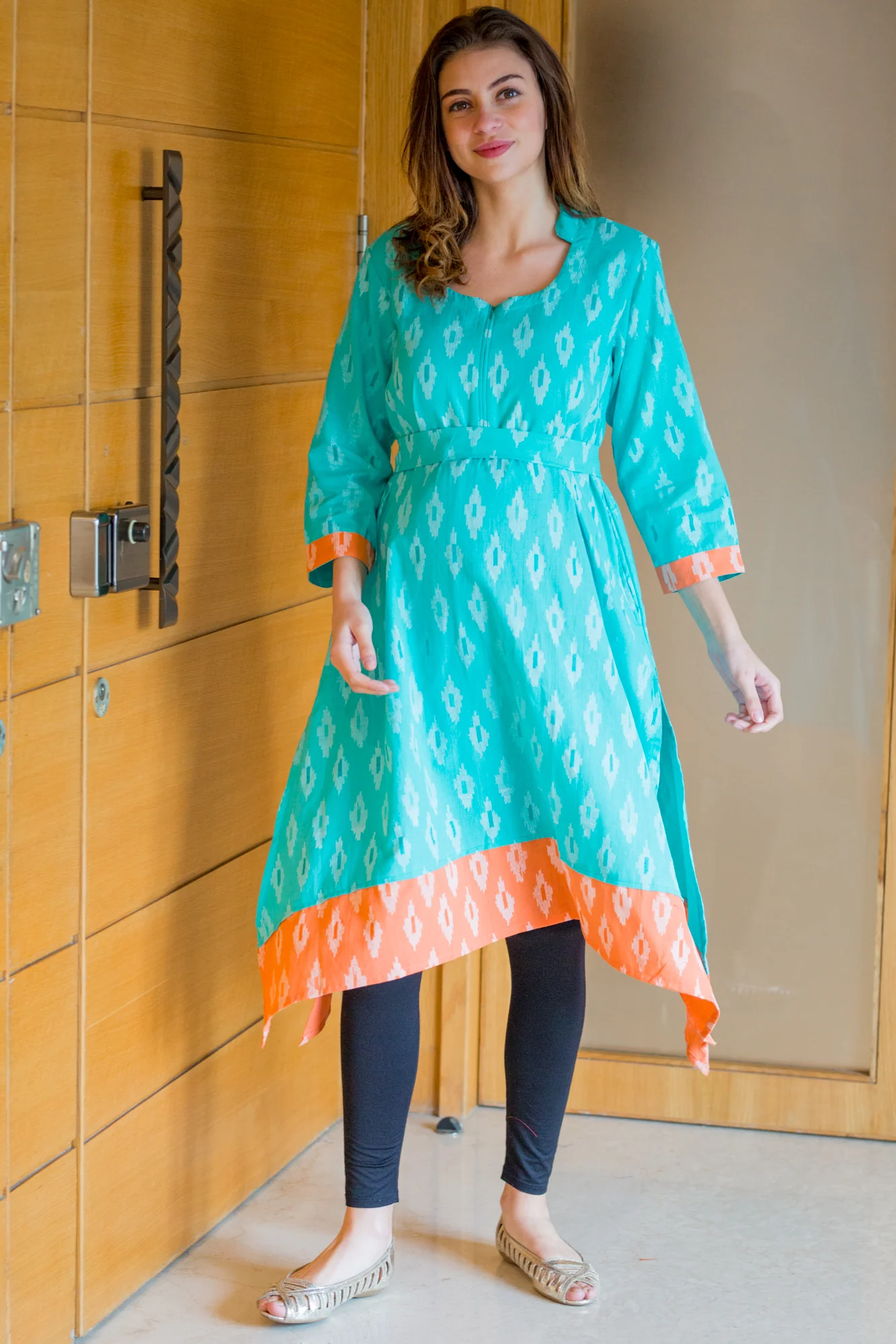 Peachy Mint Front Zip Ikat Nursing Kurta - Chenance