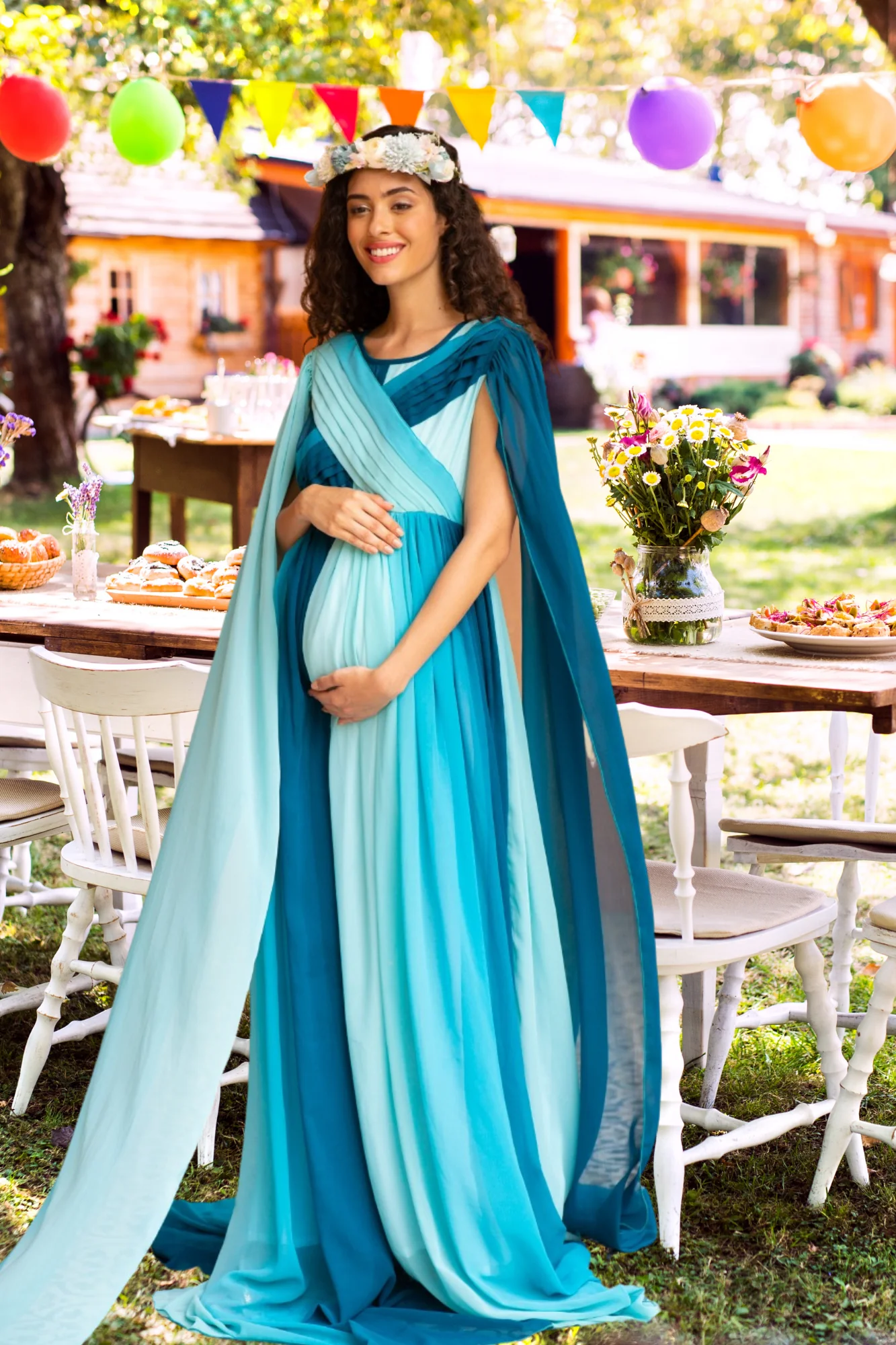 Victoria Blue Monochromatic Maternity Trail Photoshoot Gown - Chenance