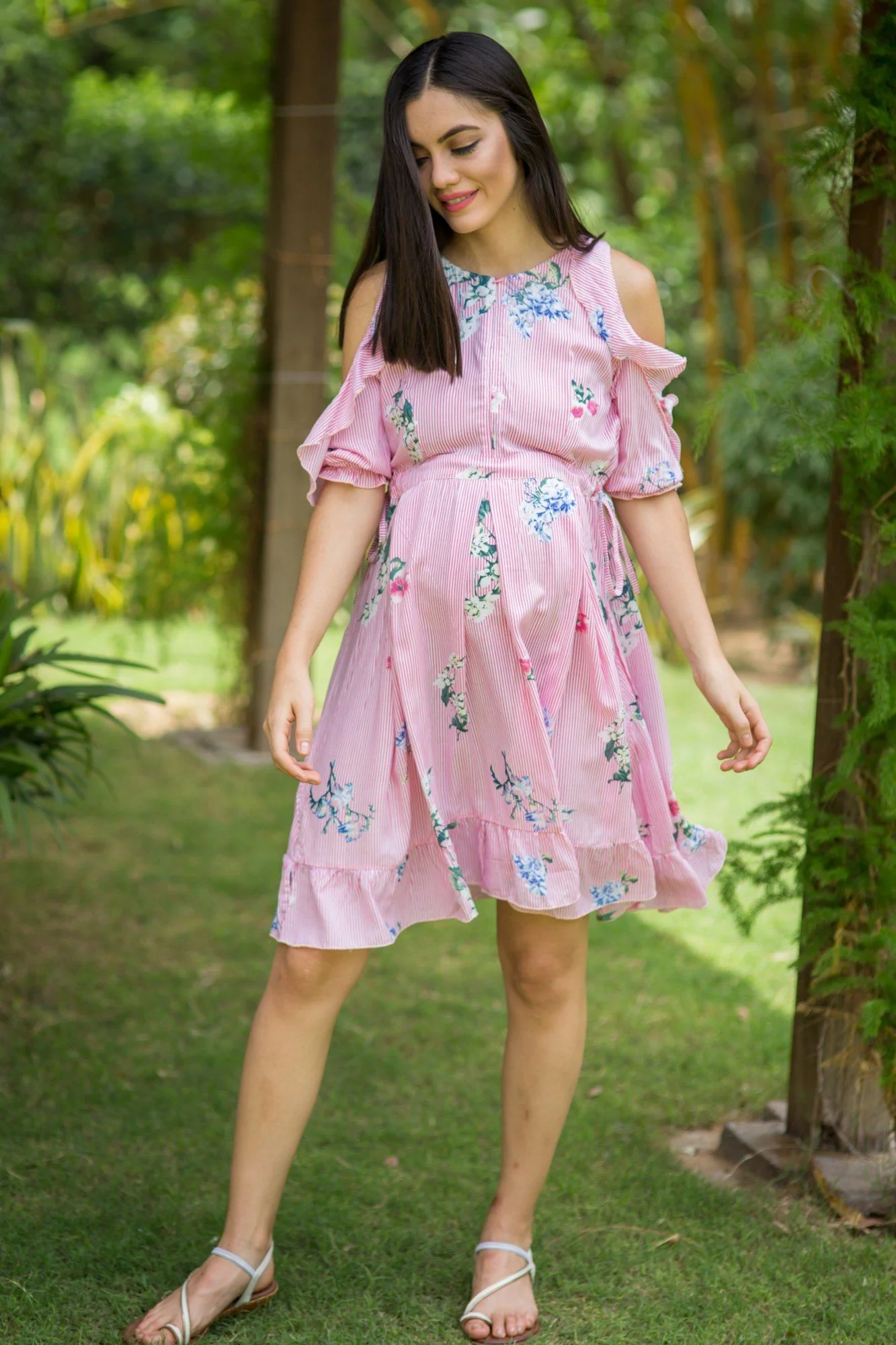 Striped Berry Frill Maternity & Nursing Dress - Chenance