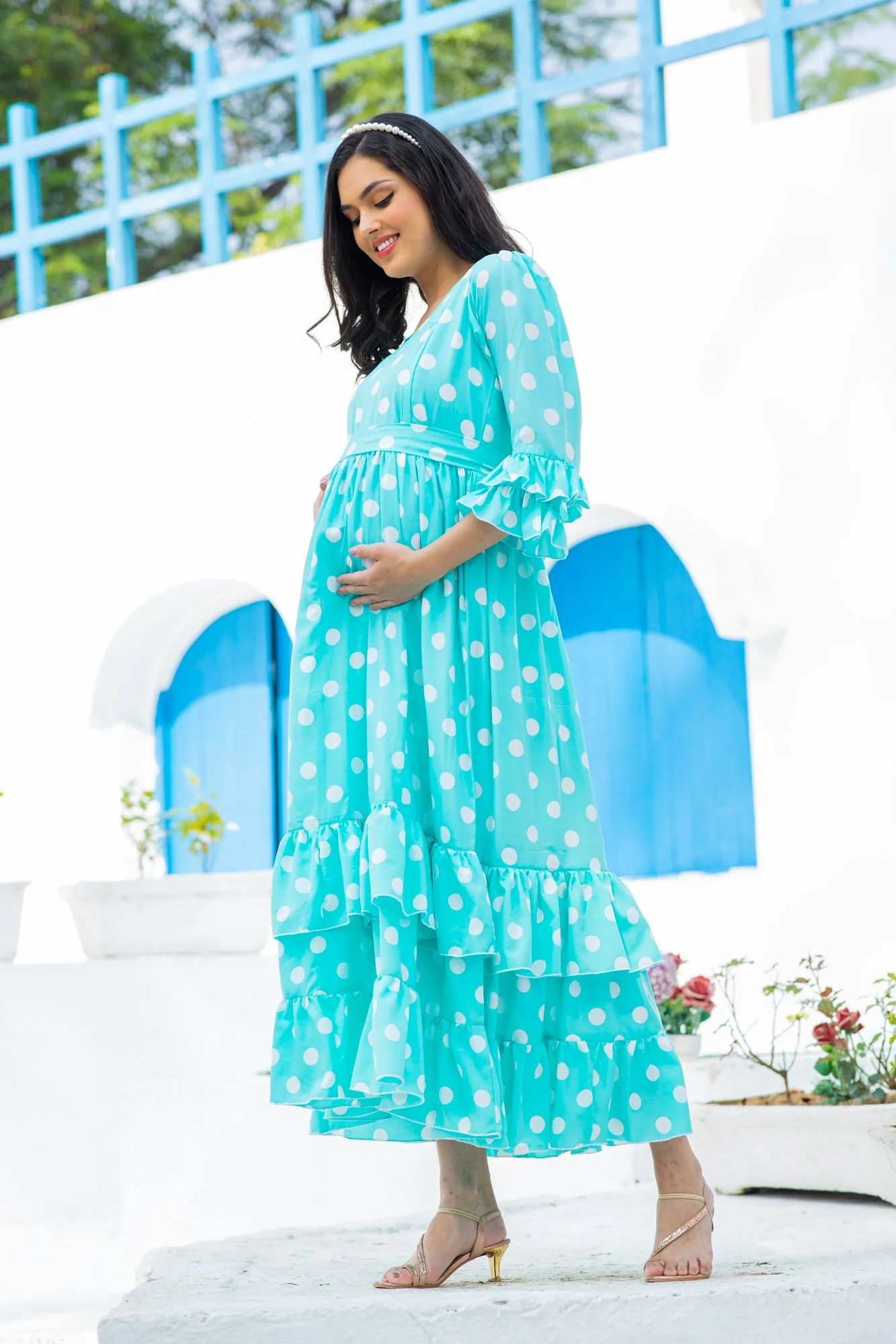 Classic Turquoise Polka Maternity & Nursing Frill Dress - Chenance