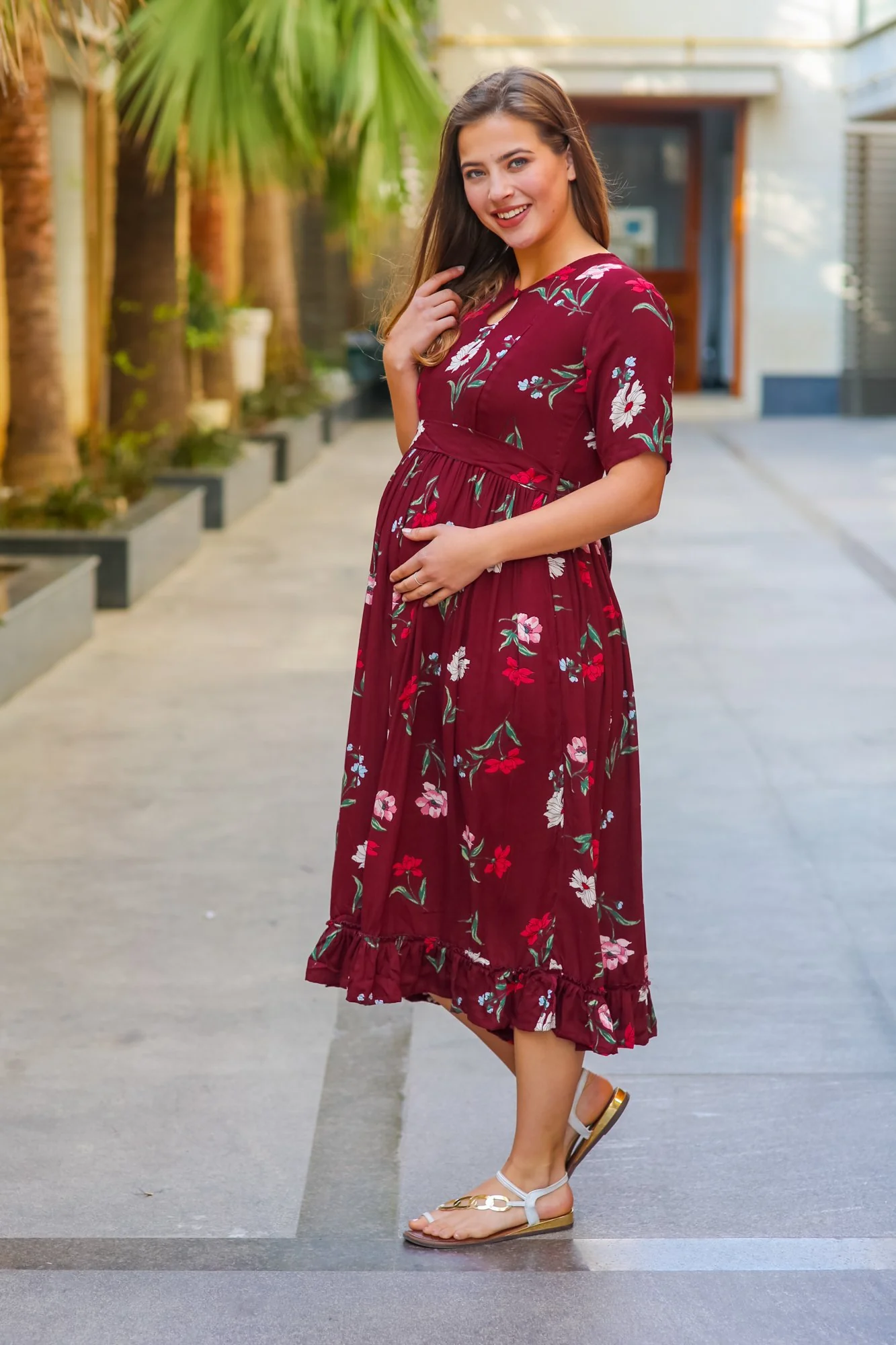 Berry Floral Frill Crepe Concealed Zips Maternity & Nursing Dress - Chenance