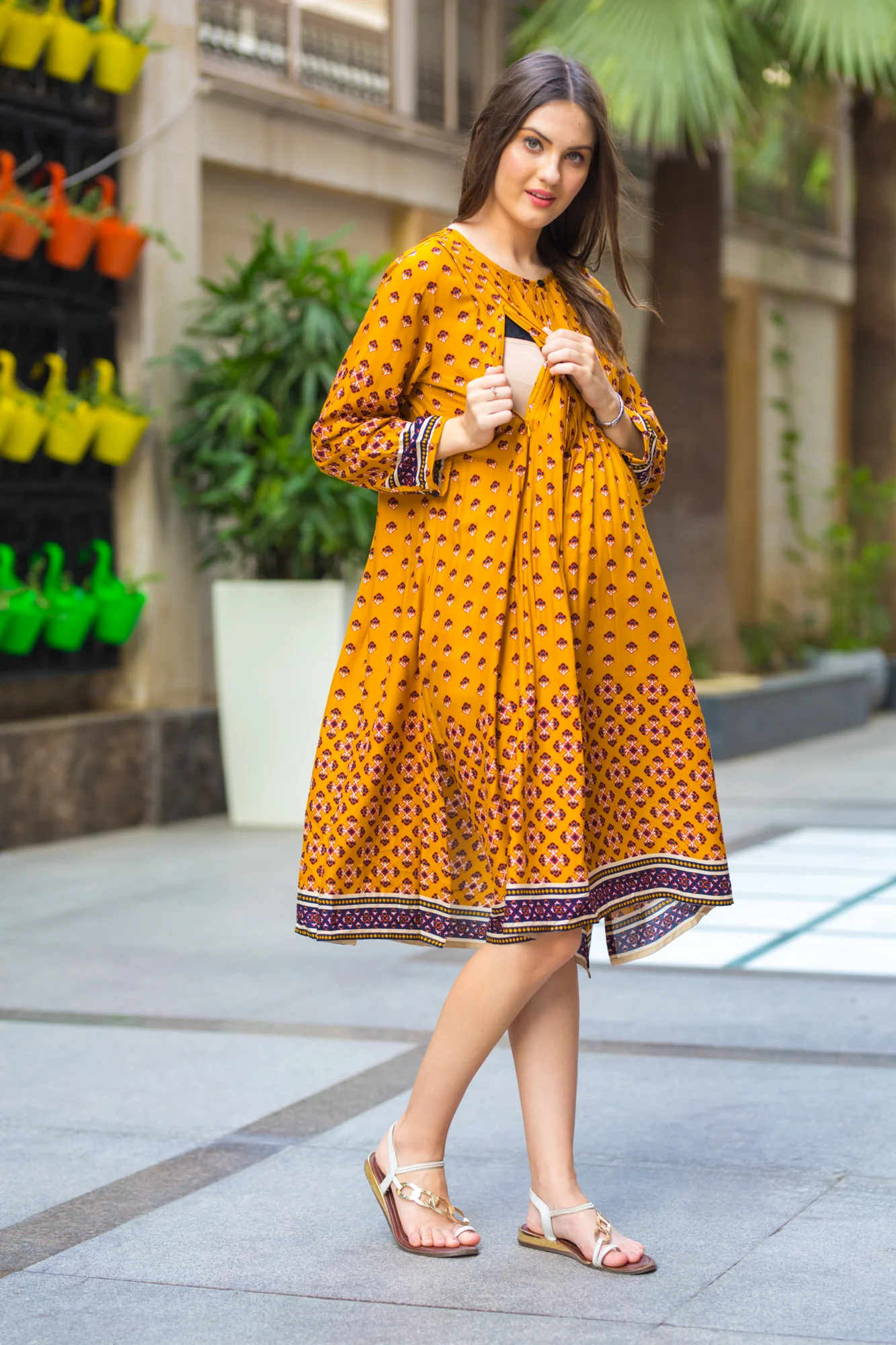 Honey Pleated Maternity & Nursing Kurta Dress - Chenance