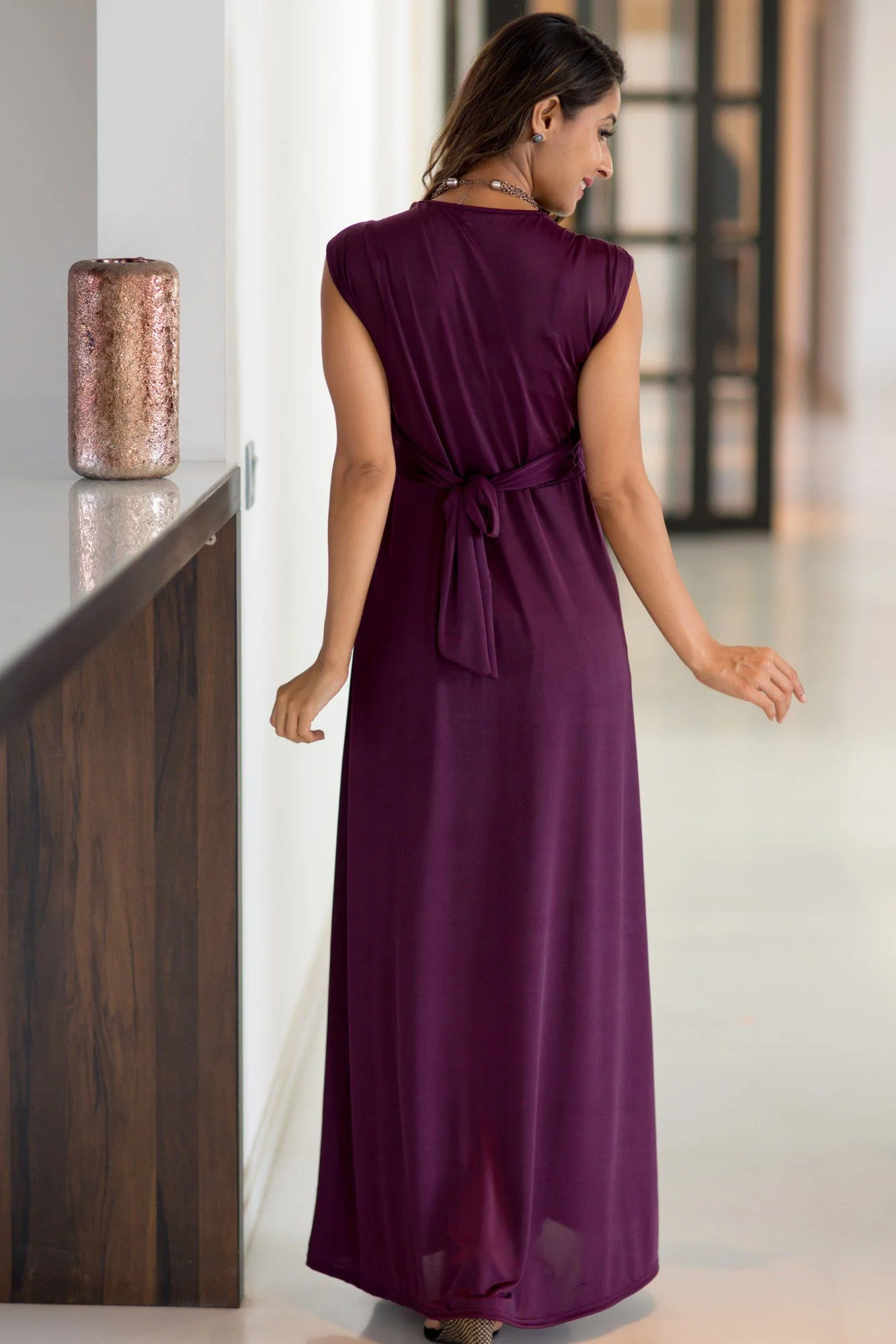 Plum Flowing Sleeveless Maternity & Nursing Wrap Dress - Chenance