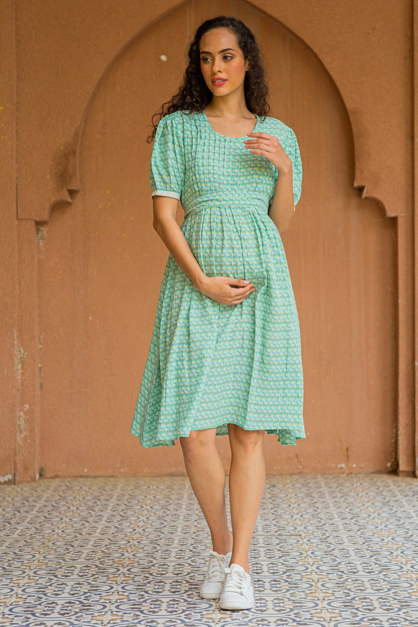 Pistachio Floral Maternity & Nursing Pintucks Knee Dress - Chenance