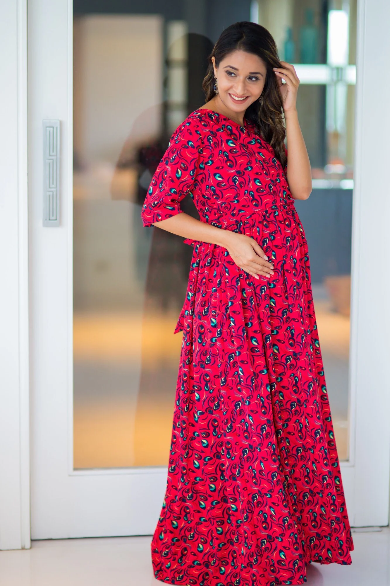 Bubble Crepe Chic Red Maternity & Nursing Wrap Dress - Chenance