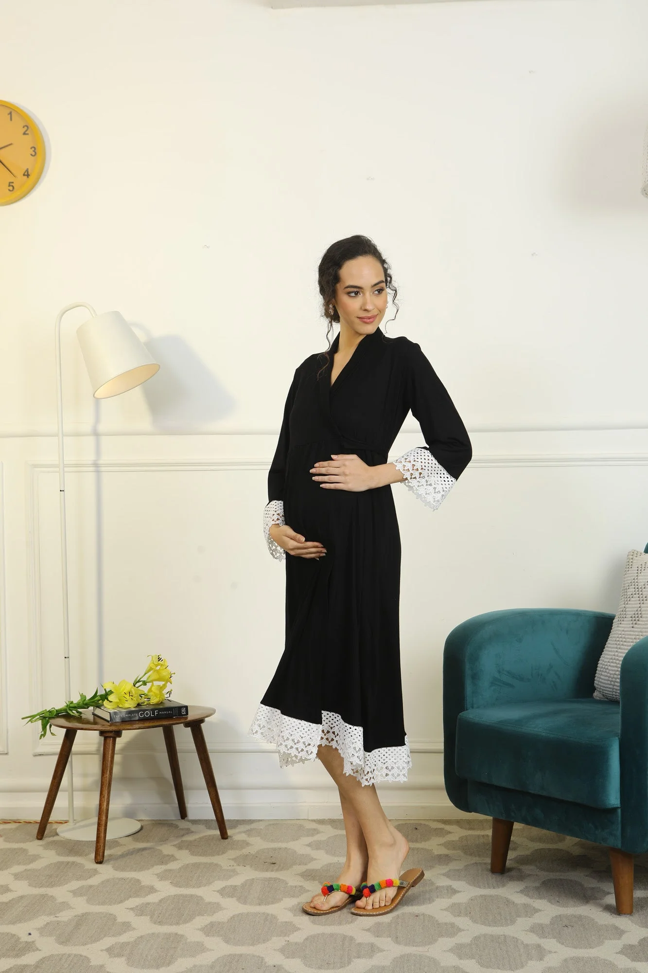 Royal Black Lycra Maternity & Nursing Wrap Nightwear Dress/ Hospital Gown/ Delivery Robes - Chenance