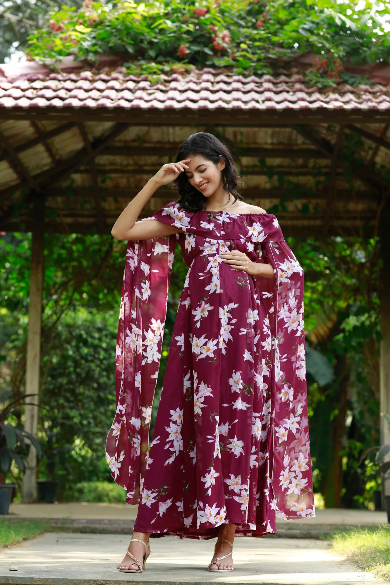 Burgundy Cascading Floral Flying Sleeves Maternity & Nursing Dress - Chenance