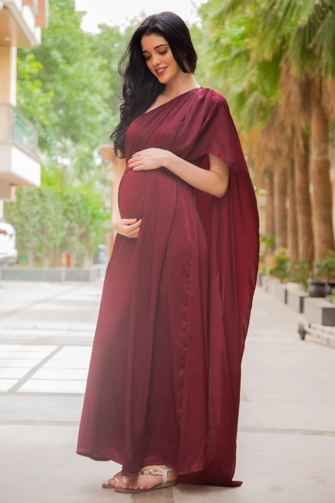 Luxe Red Berry One Shoulder Floral Maternity Gown - Chenance