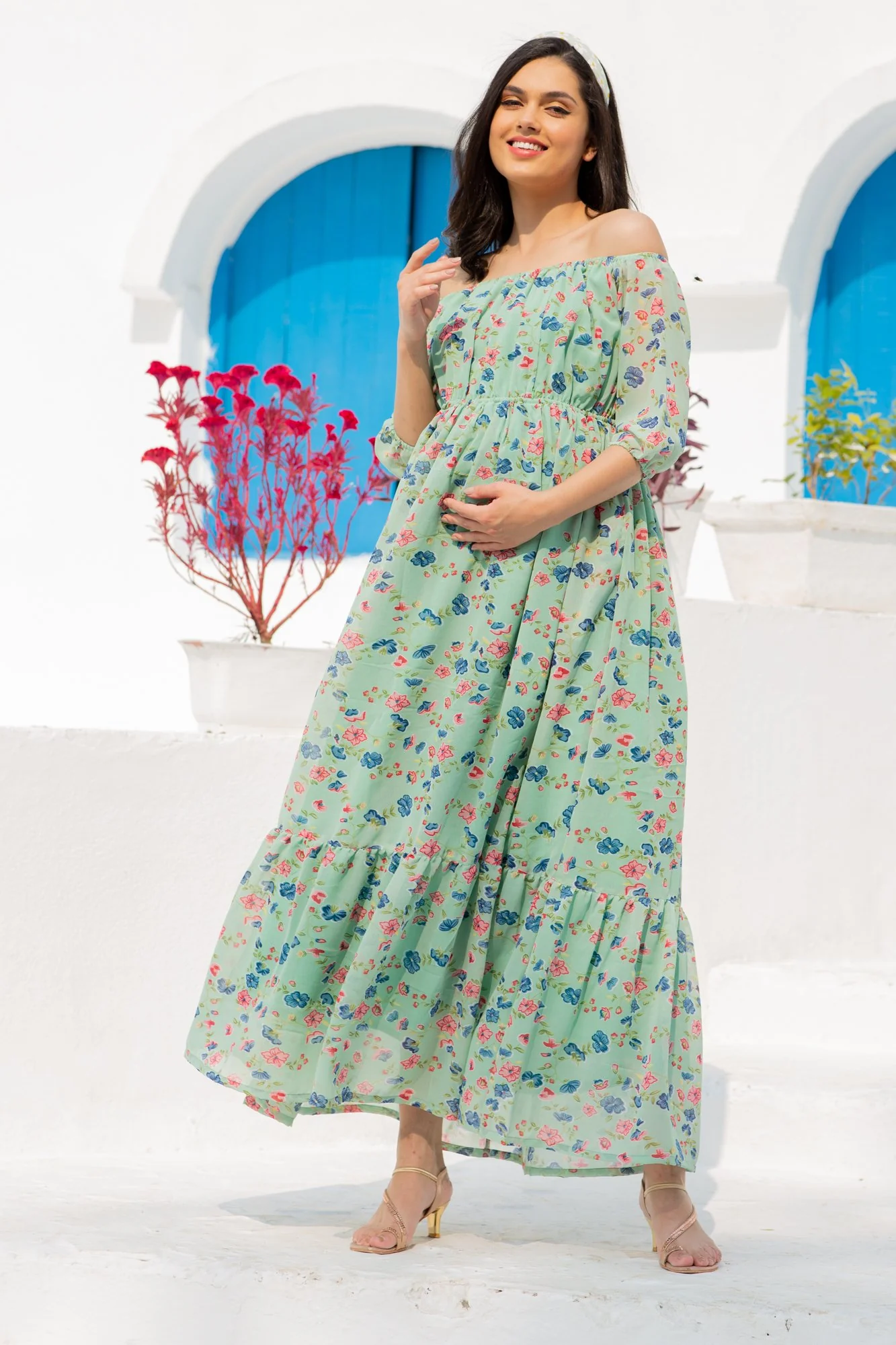 Mint Green Floral Dual Off-Shoulder Boat Neck Maternity & Nursing Maxi Dress - Chenance