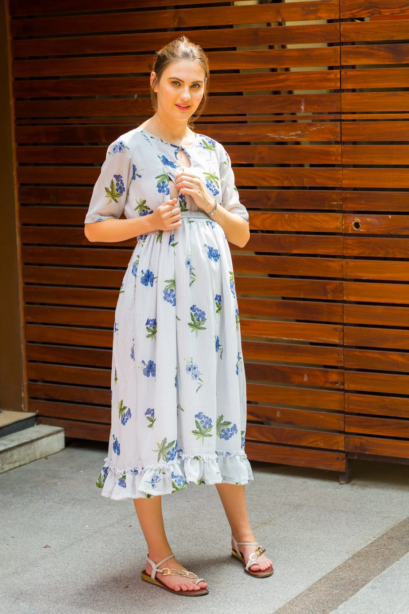 Rose Striped Concealed Zips Nursing Dress - Chenance