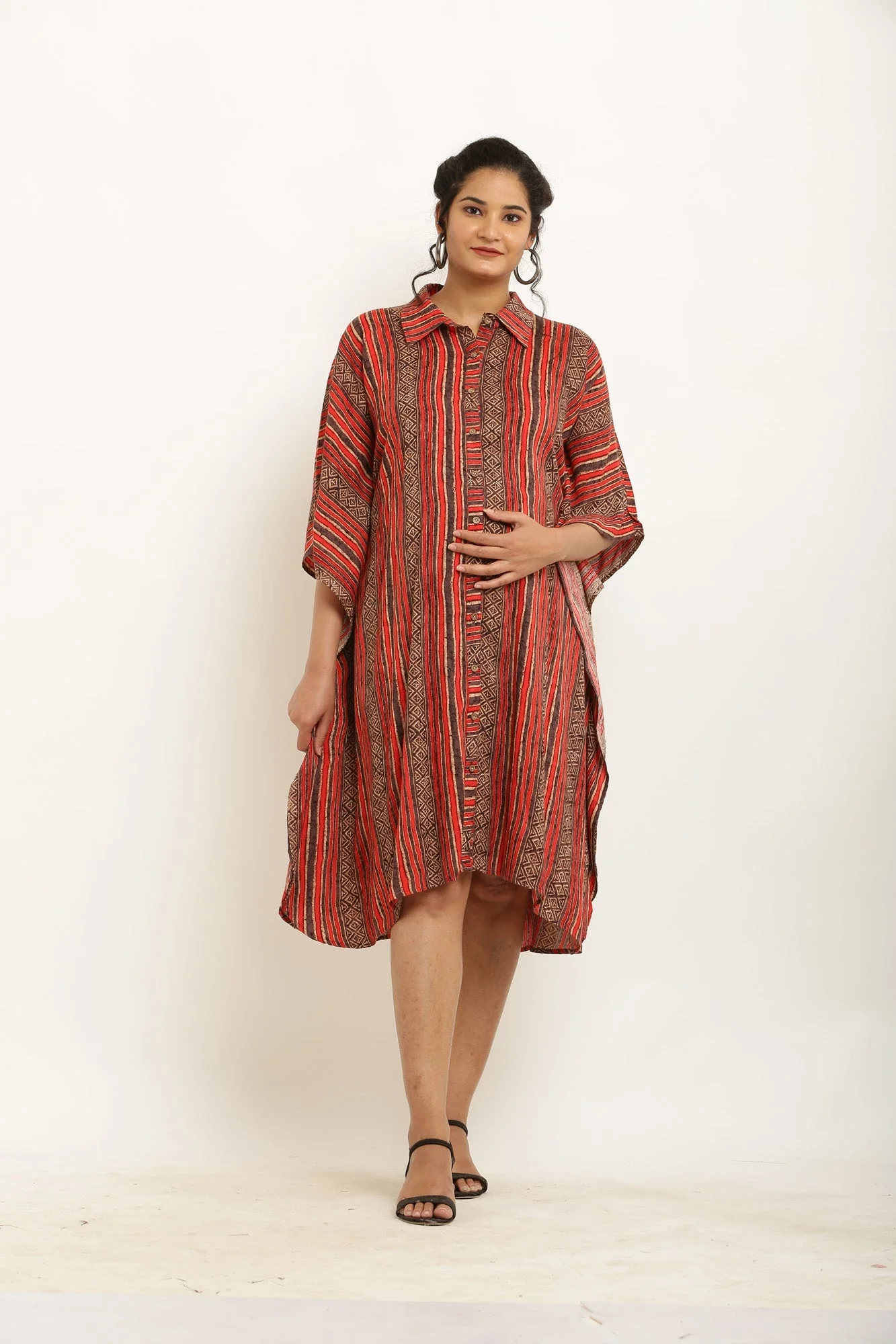Classic Reddish Brown Striped Maternity & Nursing Kaftan Dress (100% Cotton) - Chenance