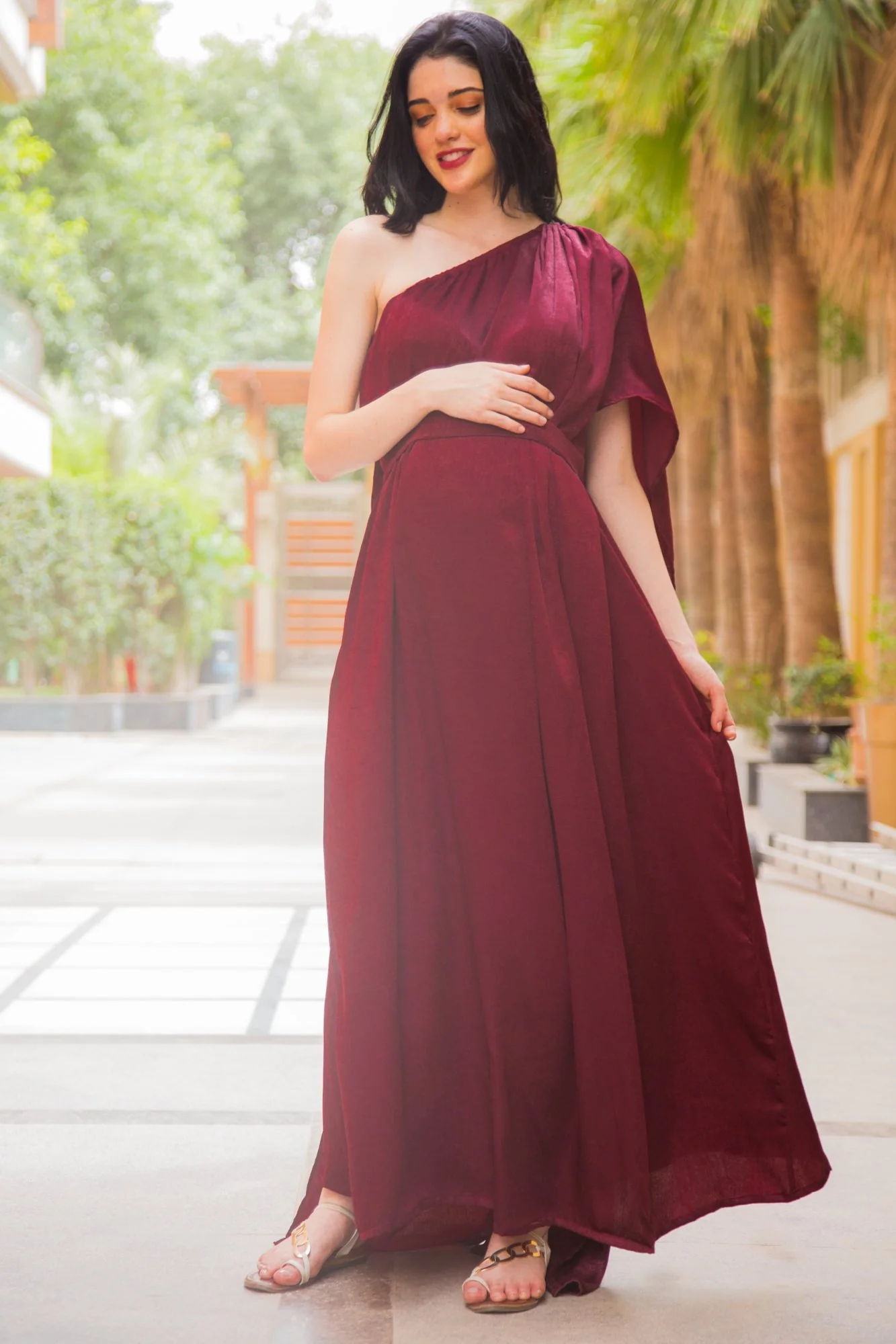 Luxe Red Berry One Shoulder Floral Maternity Gown - Chenance