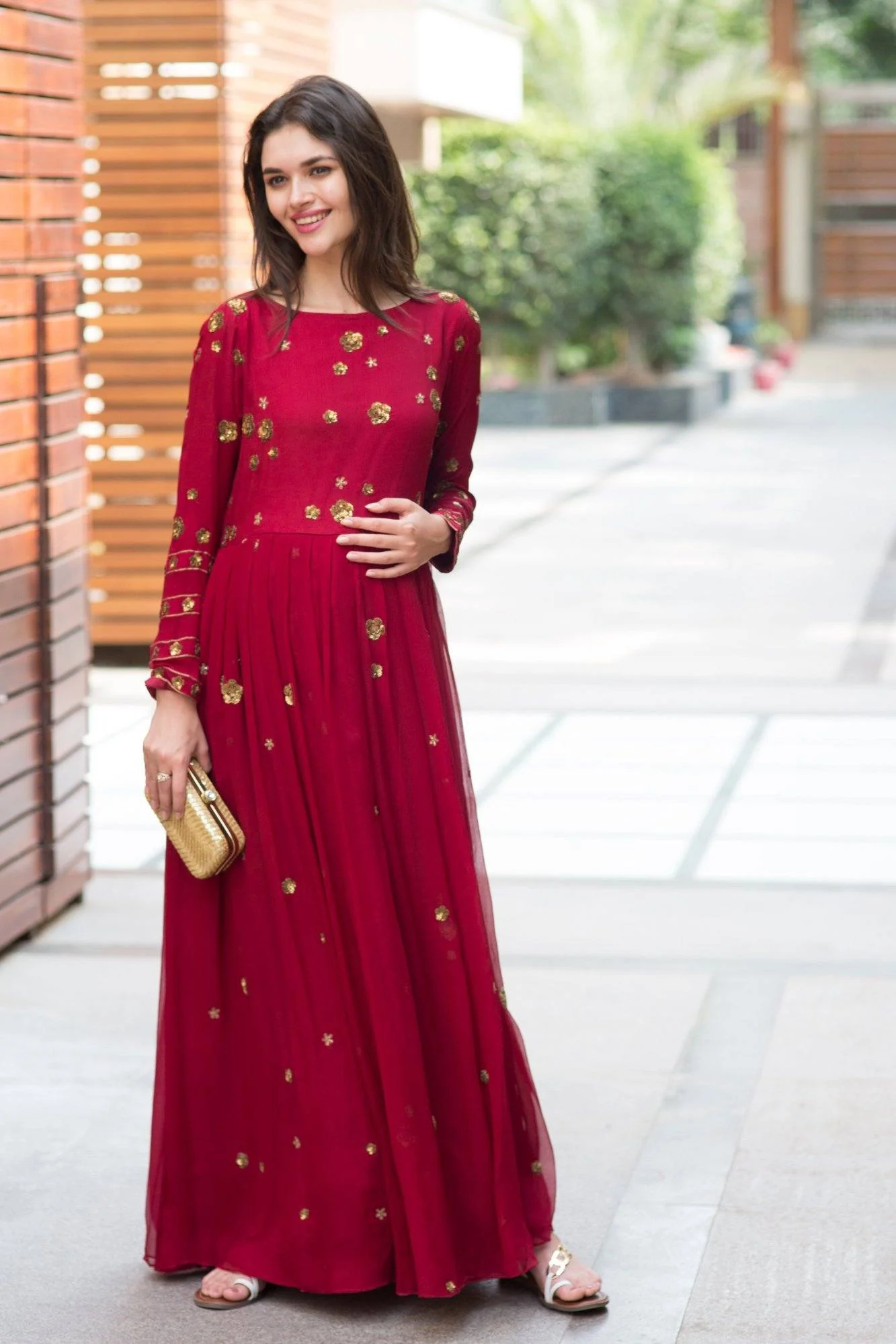 Premium Berry Chiffon Embroidered Maternity Dress - Chenance