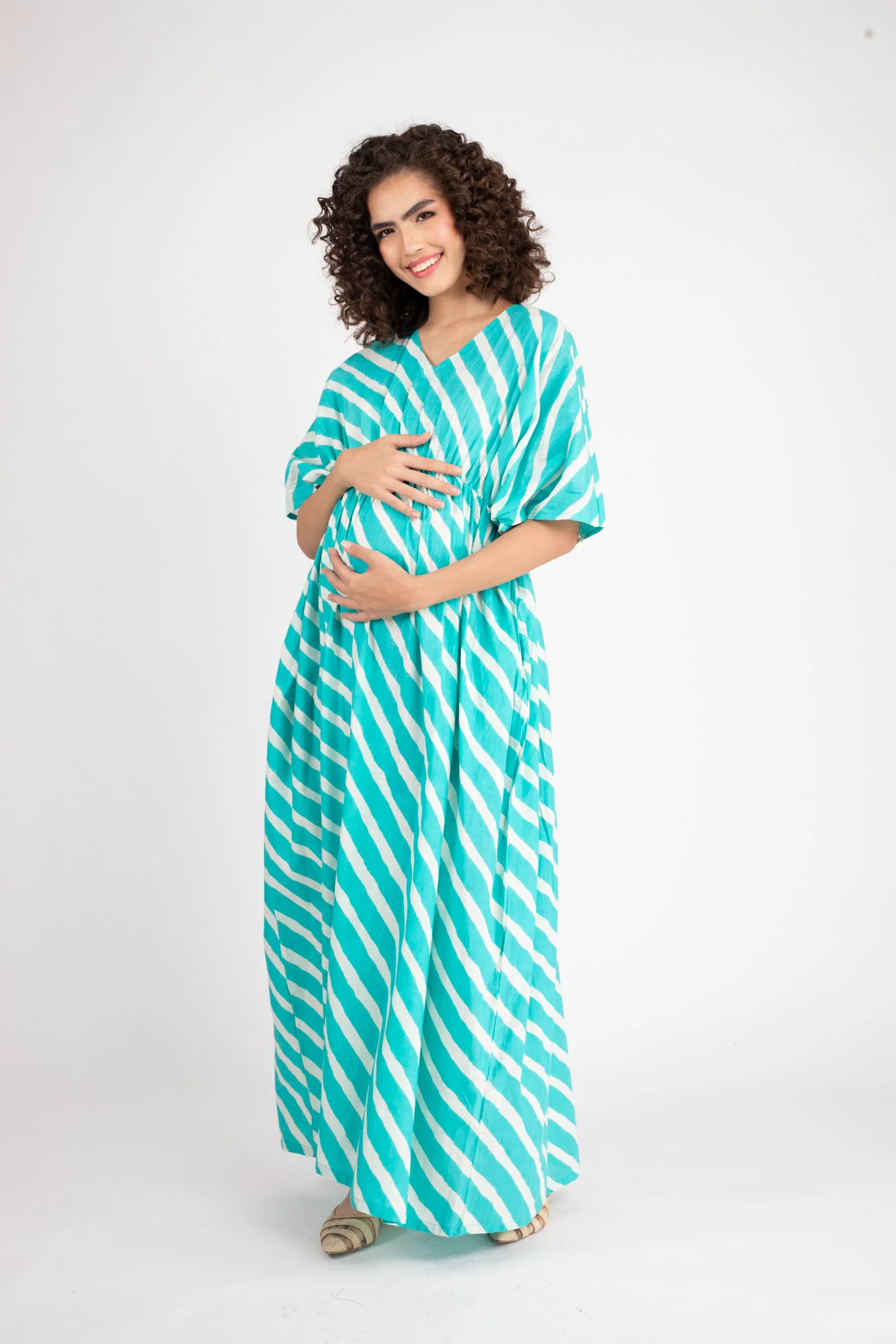 Teal Green Striped Maternity Kaftan Dress (100% Cotton) - Chenance