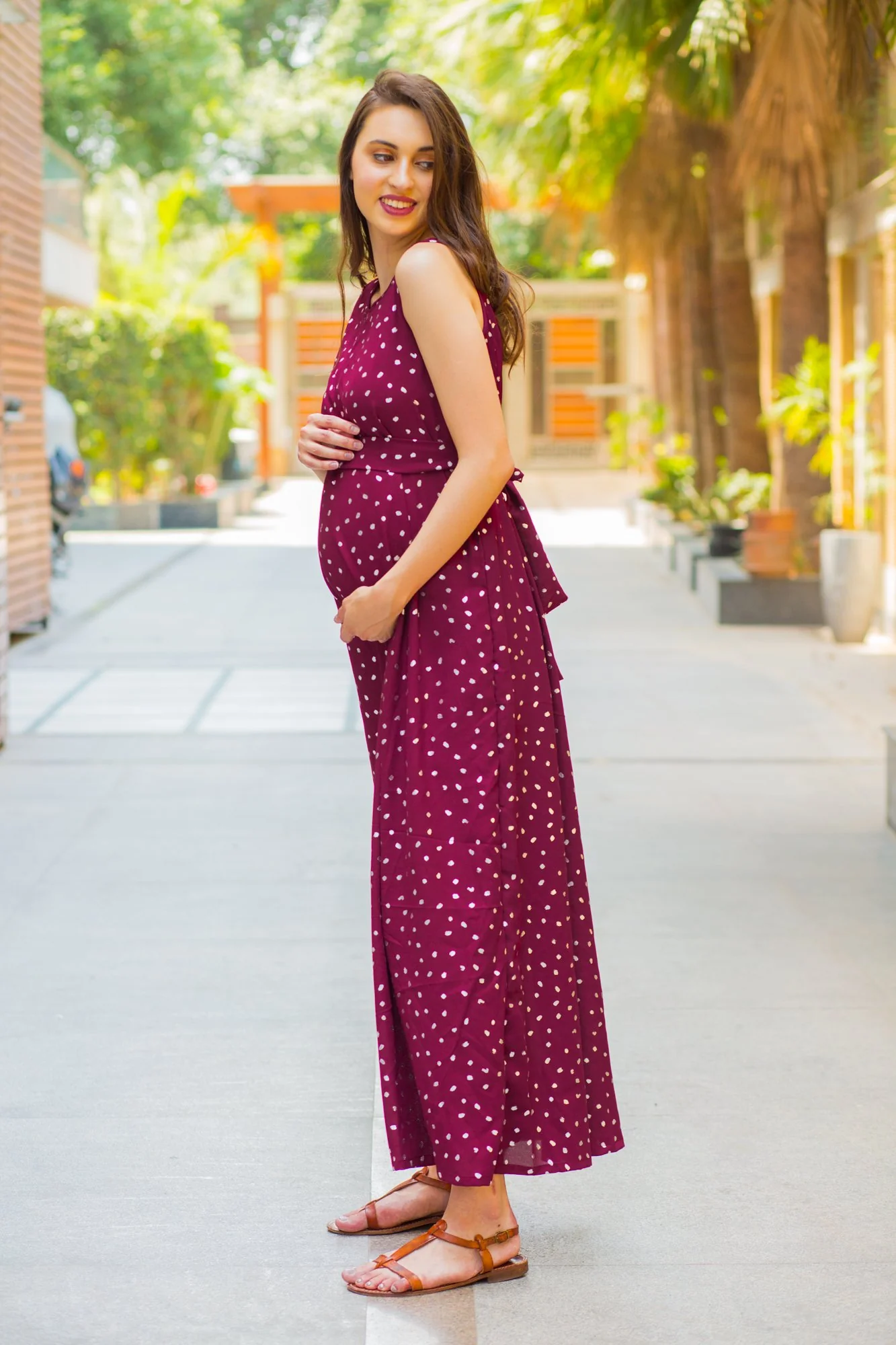 Burgundy Silver Embellished Sleeveless Maternity & Nursing Maxi Dress - Chenance