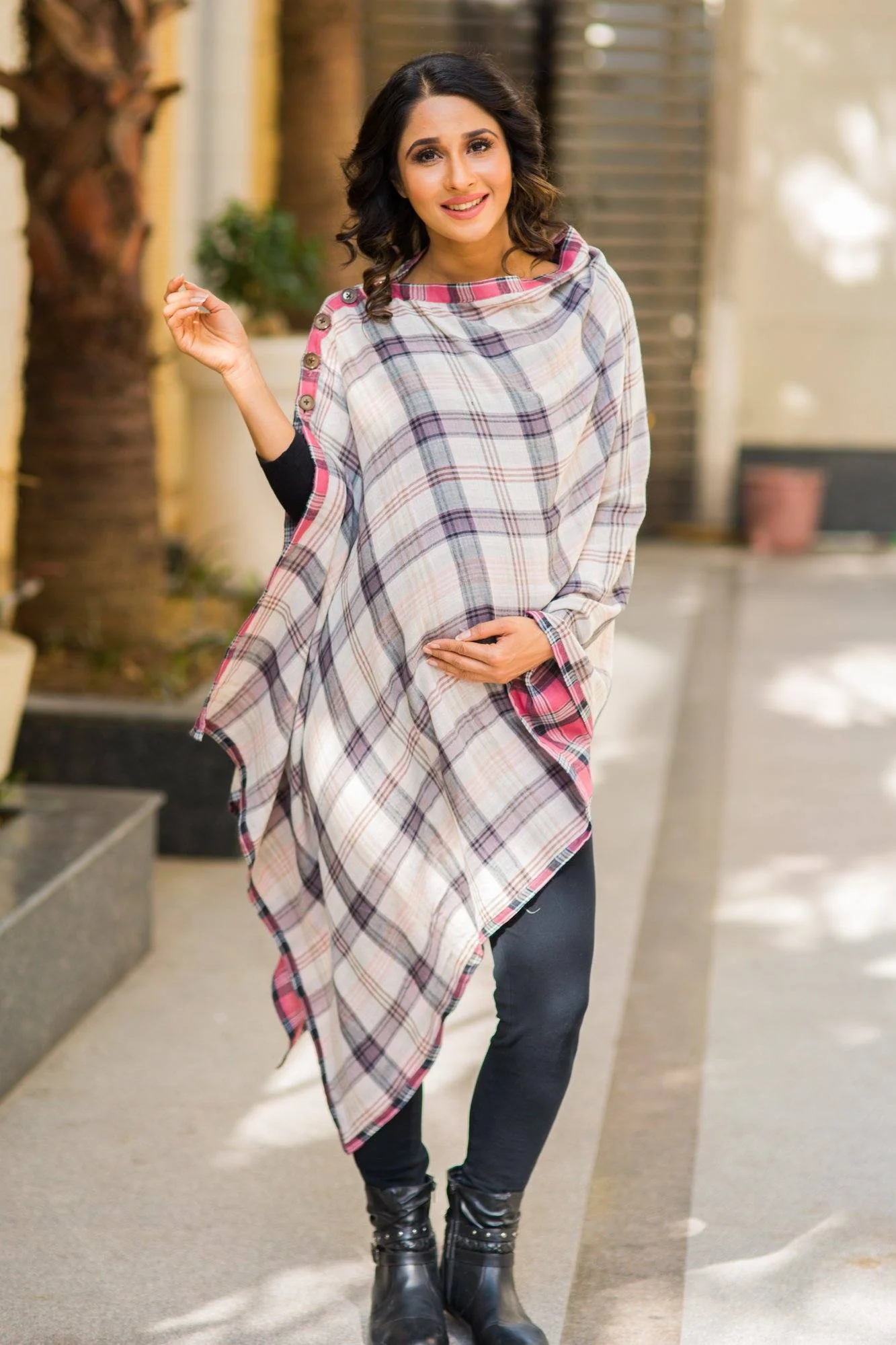 2 in 1 Double Sided Rose Pink Plaid Nursing Stole - Chenance