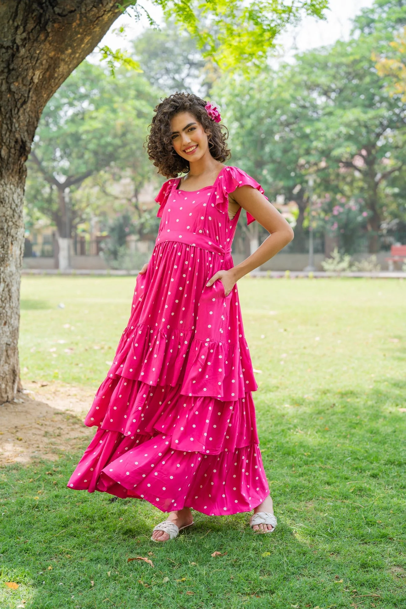 Lovable Fuchsia Baby Polka Maternity & Nursing Frill Dress (100% Cotton) - Chenance