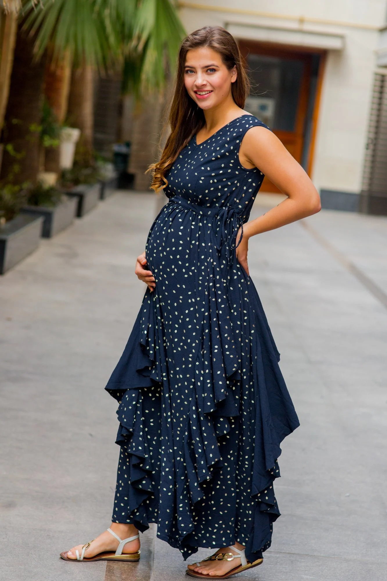Luxe Navy Gold Speckle Embellished Maternity Flow Dress - Chenance
