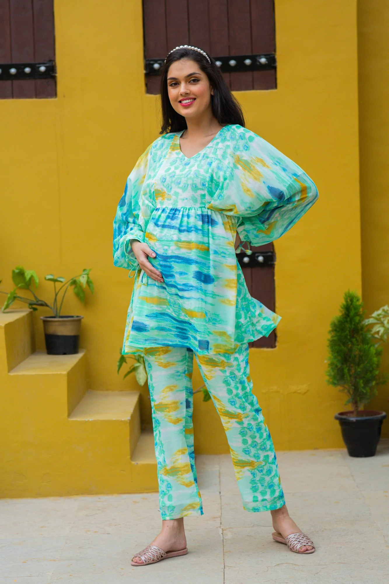 Luxe Aqua Tie & Dye Maternity & Nursing Lounge Coord Set (2 pc) - Chenance