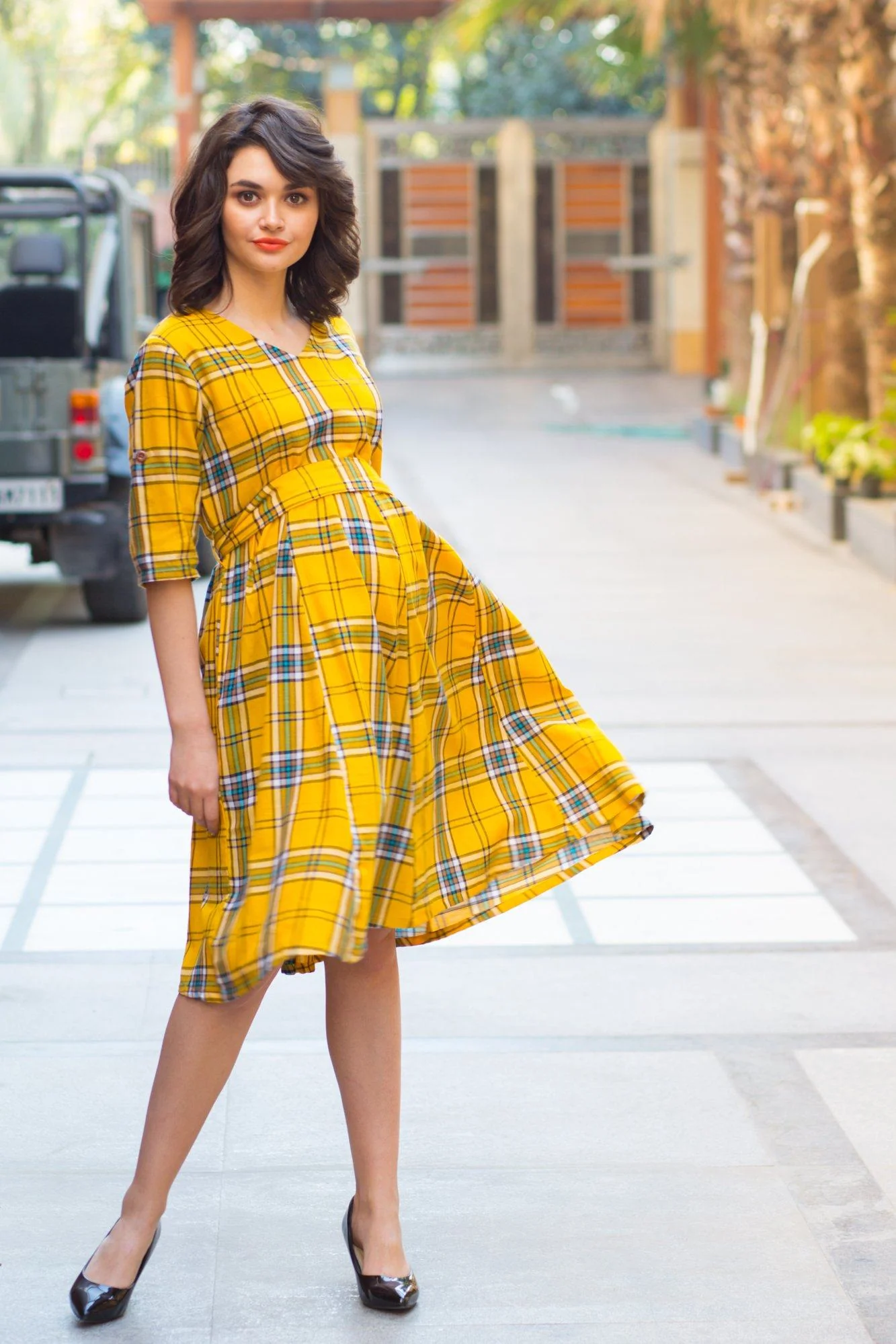 Spring Yellow Cotton Plaid Maternity & Nursing Dress - Chenance