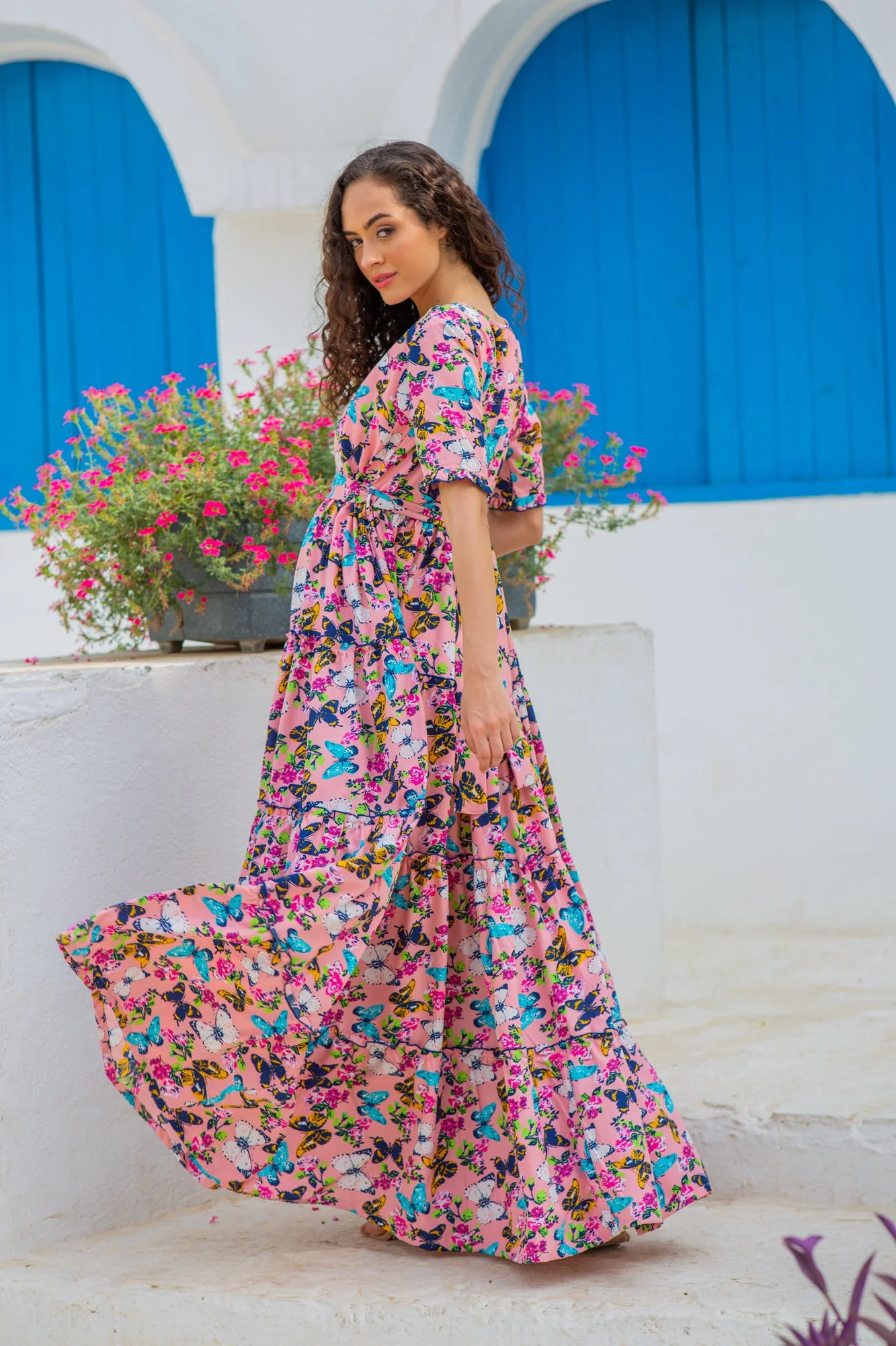 Jolly Butterflying Pink Multilayer Frill Single Concealed Zip Maternity & Nursing Dress - Chenance