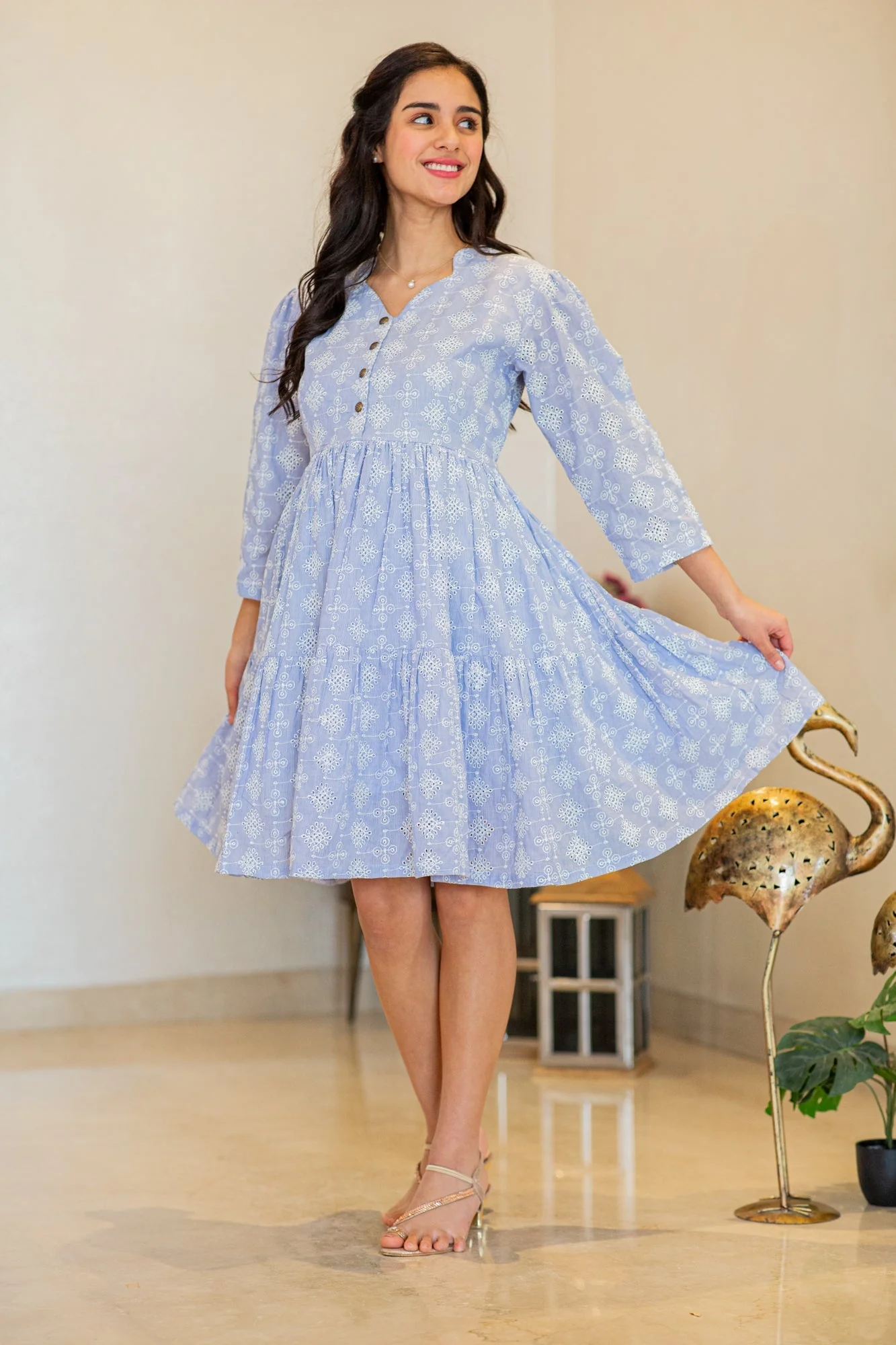 Charming Ice Blue Maternity & Nursing Flair Dress (100% Cotton) - Chenance