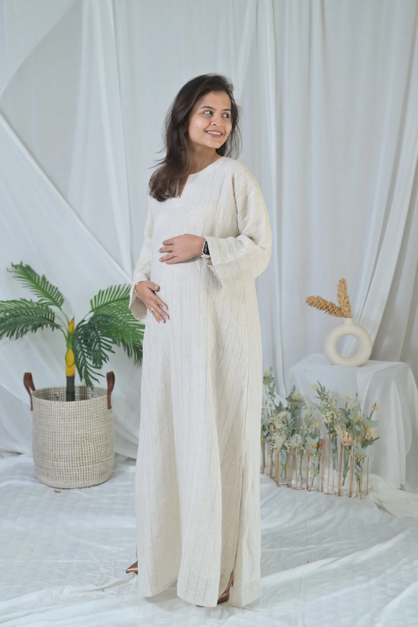 Luxe Graceful Beige Long Maternity Linen Dress - Chenance
