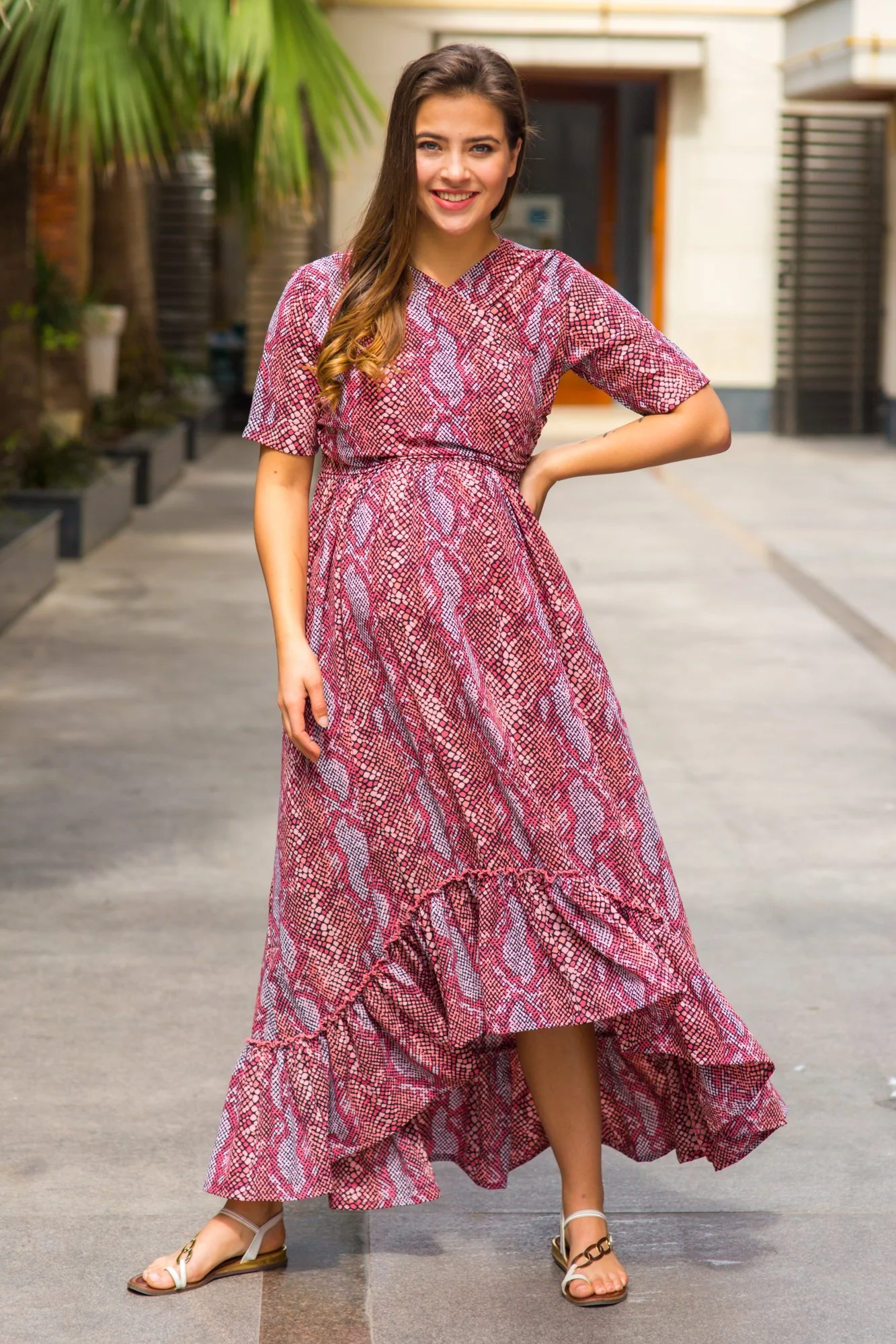 Bubblegum Pink Hi-Low Frill Maternity & Nursing Wrap Dress - Chenance