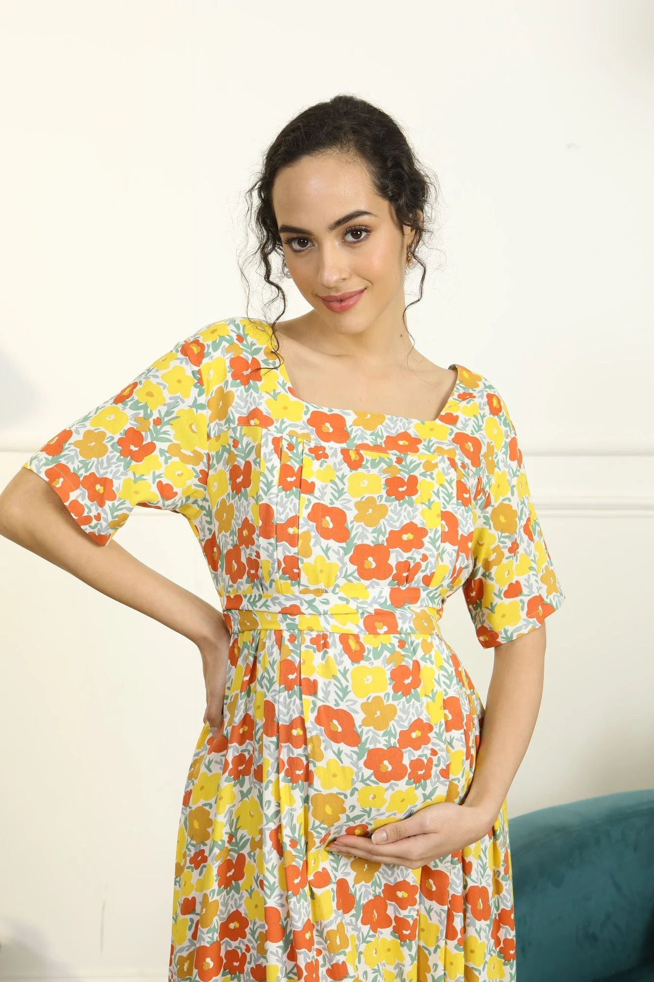 Miami Comfy Flower Pop Maternity & Nursing Concealed Zips Night Dress - Chenance
